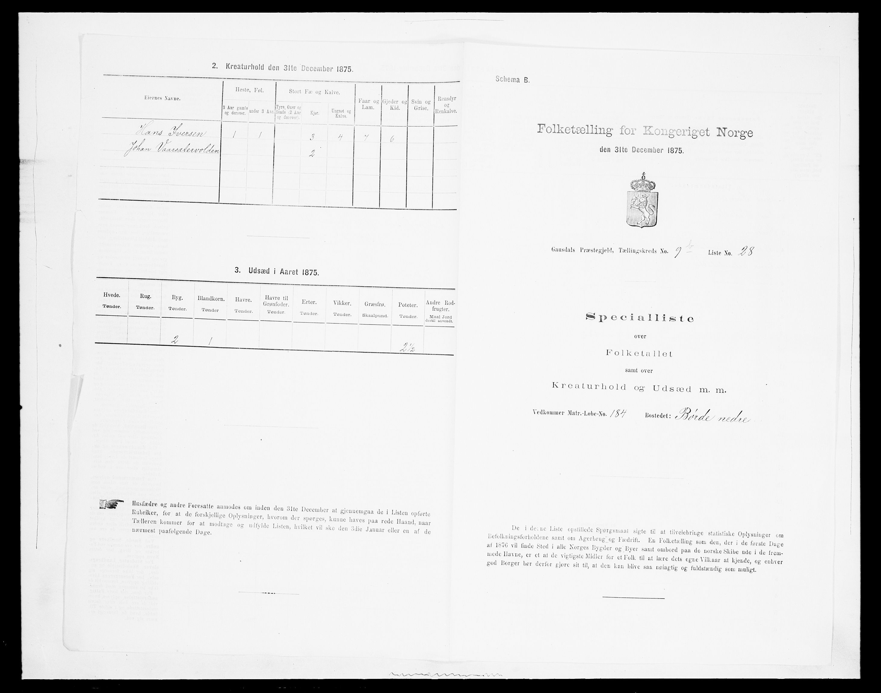 SAH, 1875 census for 0522P Gausdal, 1875, p. 1650