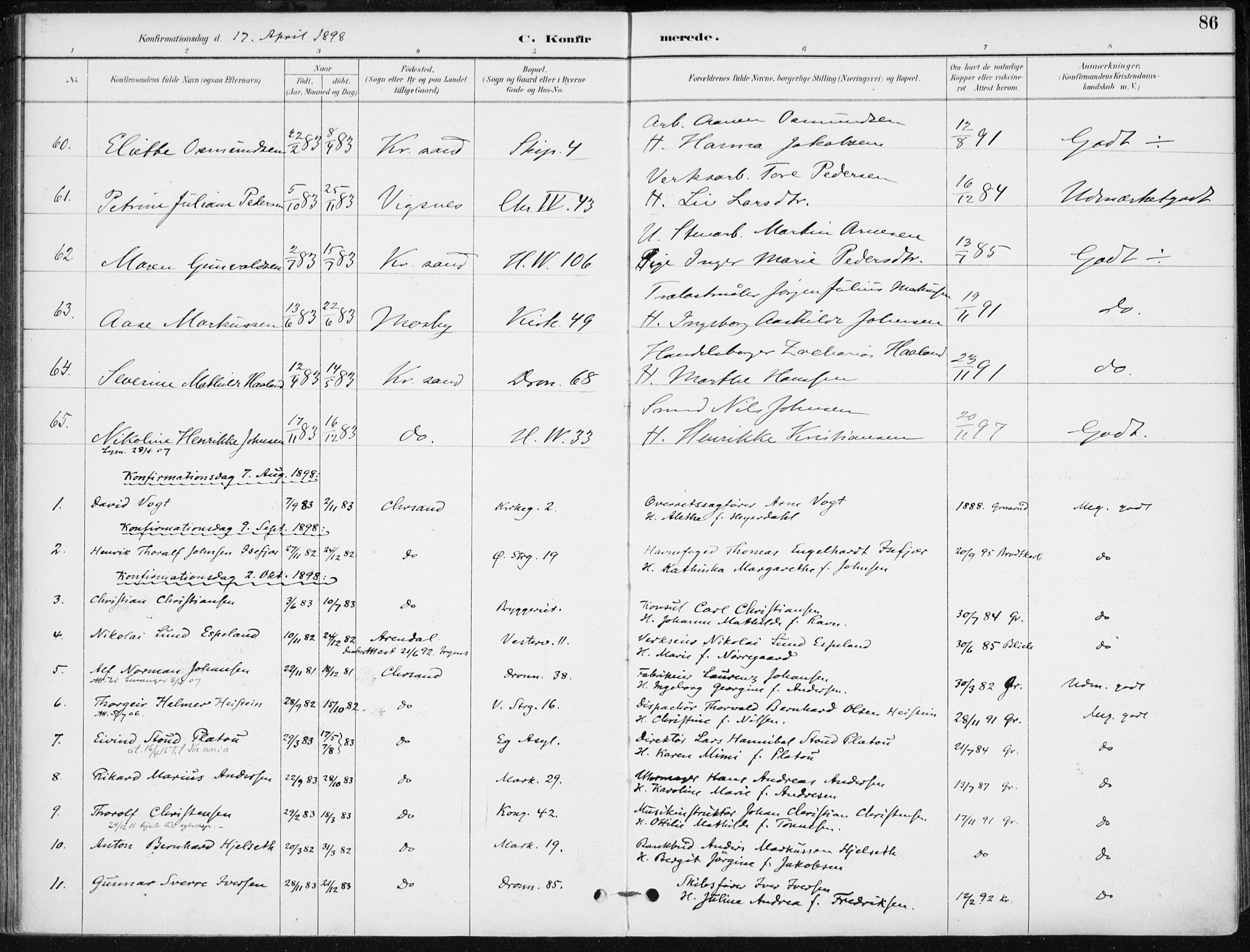 Kristiansand domprosti, AV/SAK-1112-0006/F/Fa/L0020: Parish register (official) no. A 19, 1893-1904, p. 86