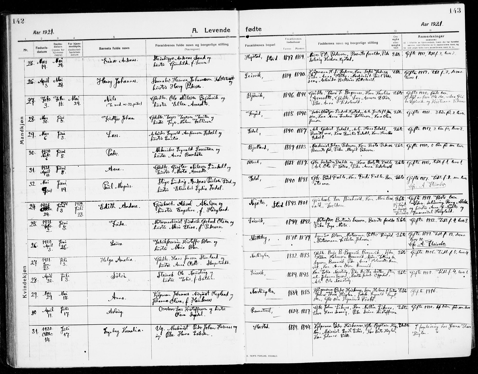 Stord sokneprestembete, AV/SAB-A-78201/H/Haa: Parish register (official) no. B 3, 1913-1925, p. 142-143