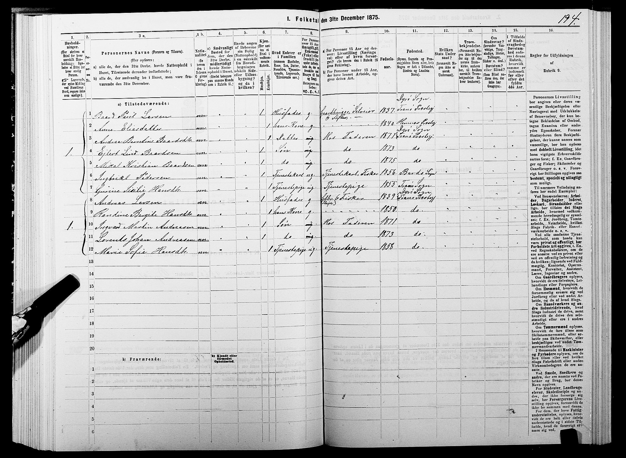 SATØ, 1875 census for 1927P Tranøy, 1875, p. 3194