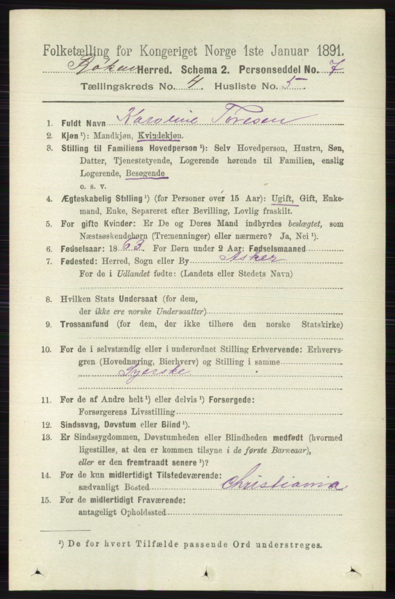 RA, 1891 census for 0627 Røyken, 1891, p. 1889