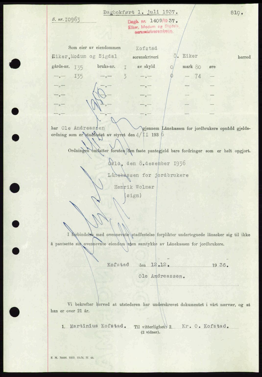 Eiker, Modum og Sigdal sorenskriveri, SAKO/A-123/G/Ga/Gab/L0035: Mortgage book no. A5, 1937-1937, Diary no: : 1409/1937