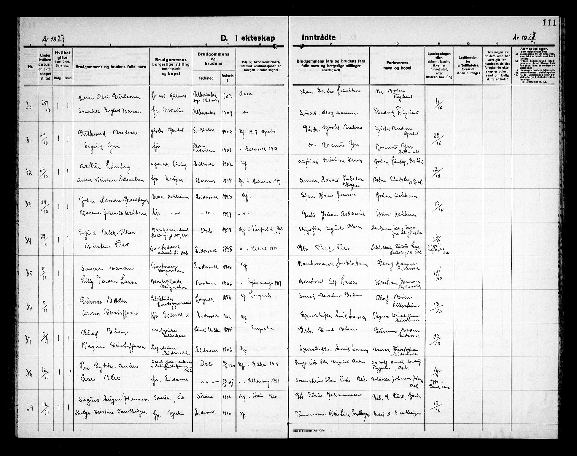 Eidsvoll prestekontor Kirkebøker, AV/SAO-A-10888/G/Ga/L0011: Parish register (copy) no. I 11, 1926-1936, p. 111