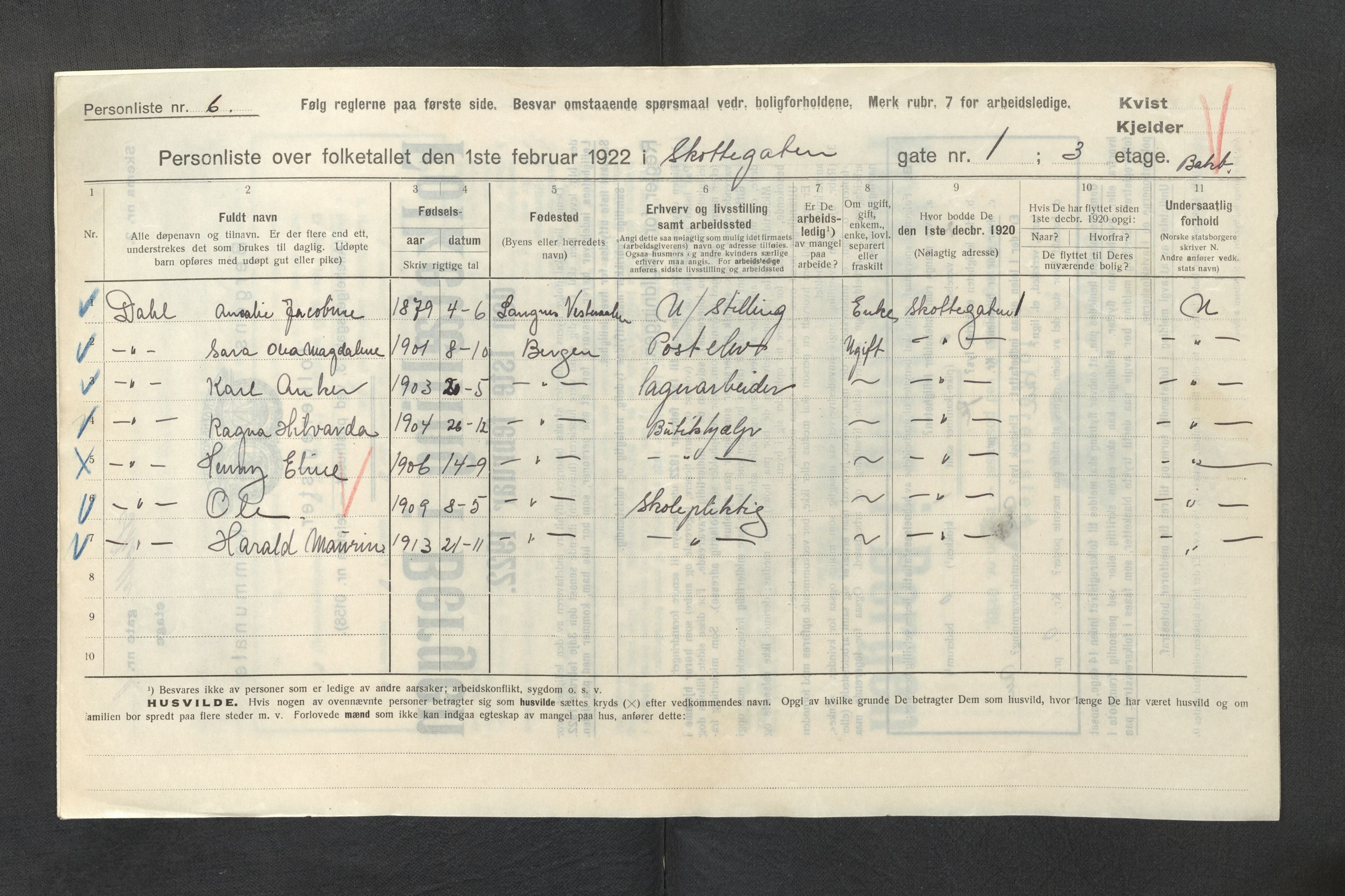 SAB, Municipal Census 1922 for Bergen, 1922, p. 37292