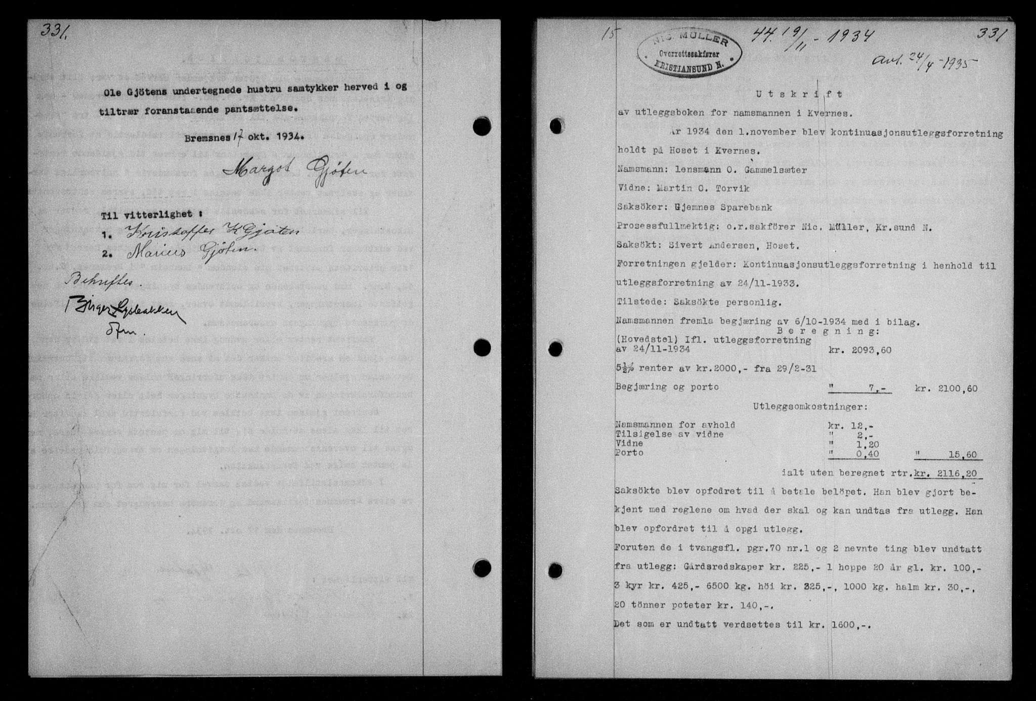 Nordmøre sorenskriveri, AV/SAT-A-4132/1/2/2Ca/L0082: Mortgage book no. 72, 1934-1934, Deed date: 19.11.1934