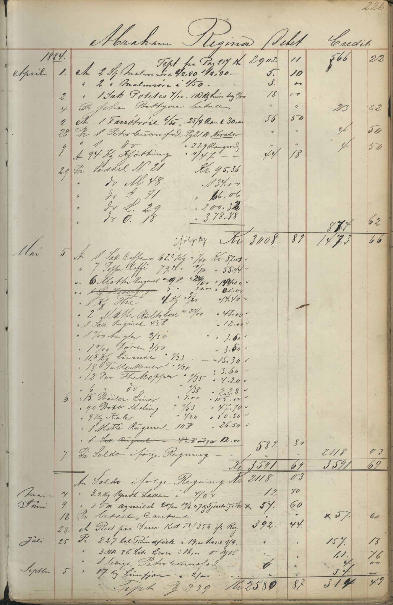 Brodtkorb handel A/S, VAMU/A-0001/F/Fc/L0001/0001: Konto for kvener og nordmenn på Kolahalvøya  / Conto for Kvæner og Nordmænd paa Russefinmarken No 1, 1868-1894, p. 226