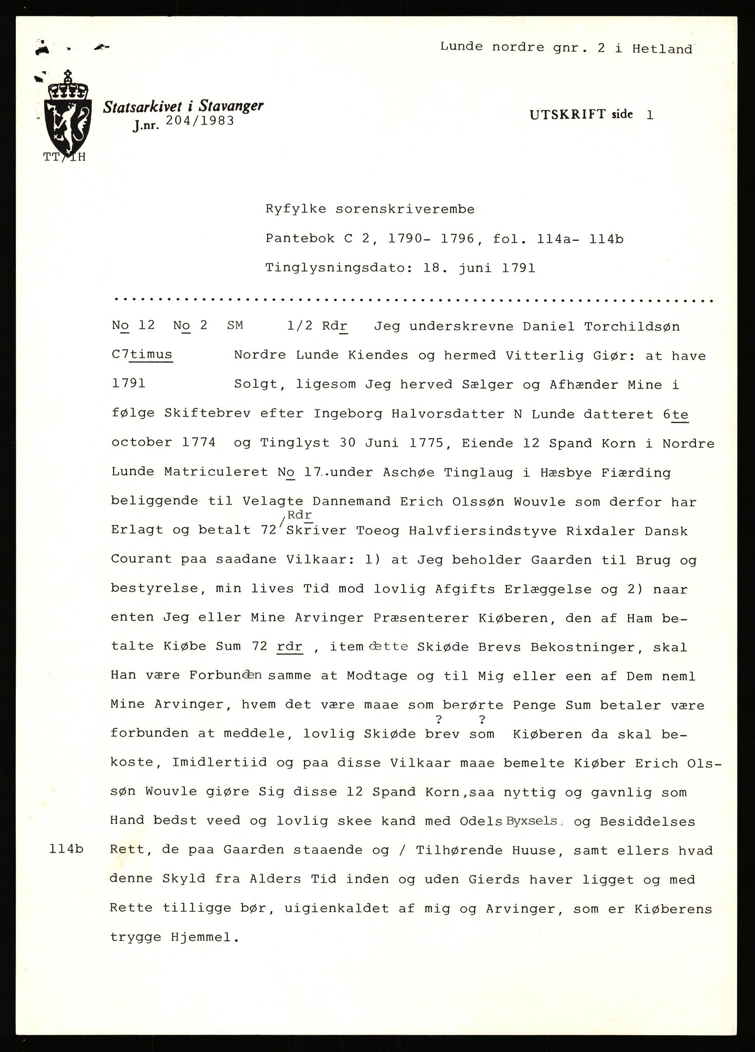 Statsarkivet i Stavanger, AV/SAST-A-101971/03/Y/Yj/L0055: Avskrifter sortert etter gårdsnavn: Lunde nordre - Løining i Elven, 1750-1930, p. 2