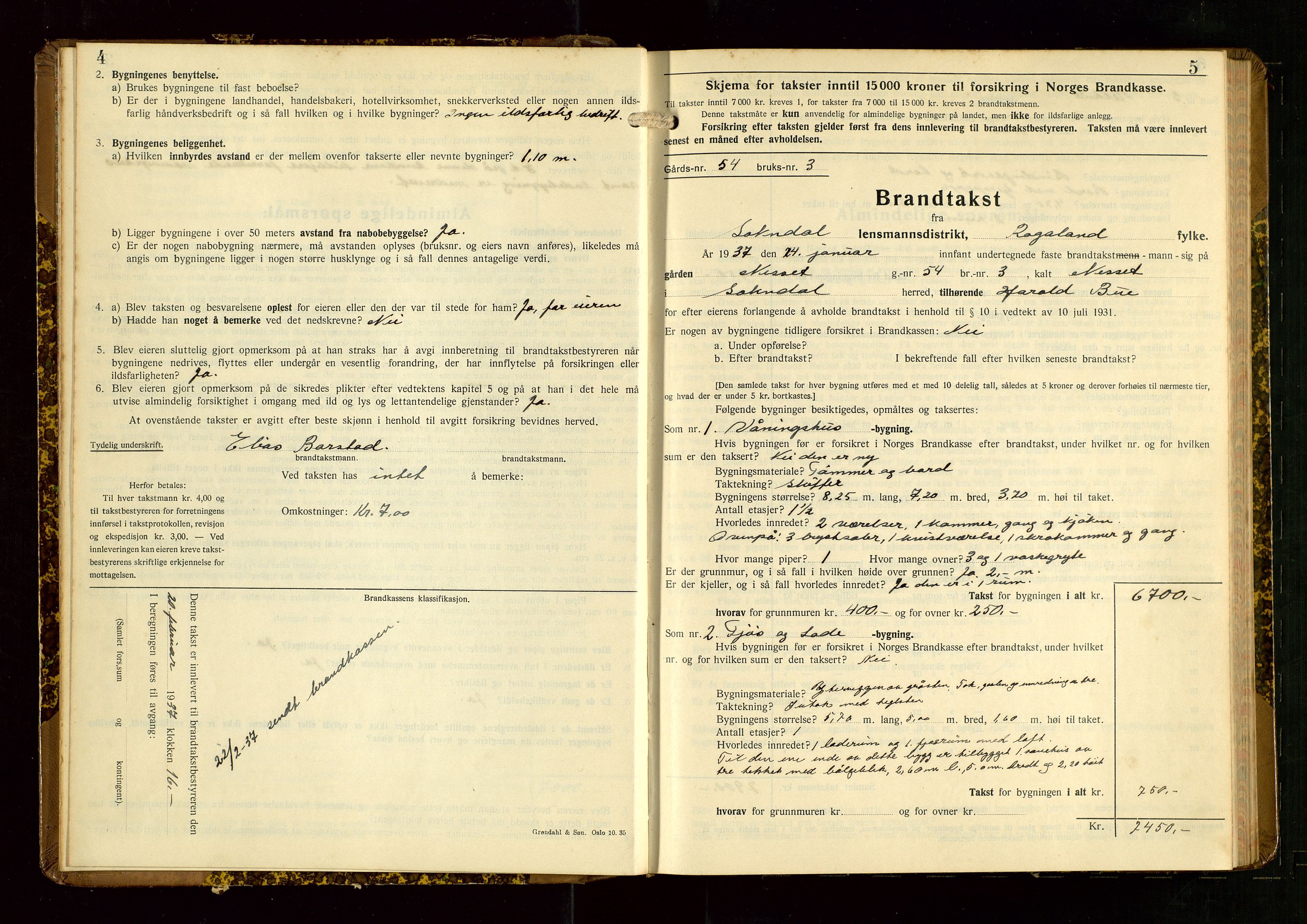 Sokndal lensmannskontor, AV/SAST-A-100417/Gob/L0008: "Brandtakst-Protokoll", 1937-1955, p. 4-5