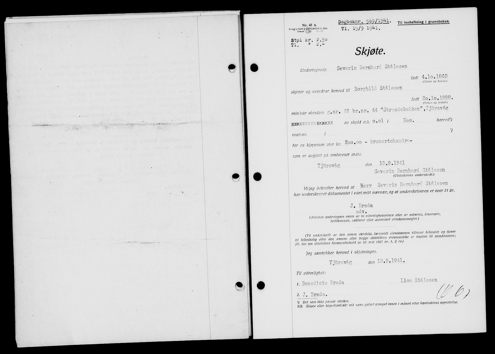 Flekkefjord sorenskriveri, AV/SAK-1221-0001/G/Gb/Gba/L0057: Mortgage book no. A-5, 1941-1942, Diary no: : 569/1941