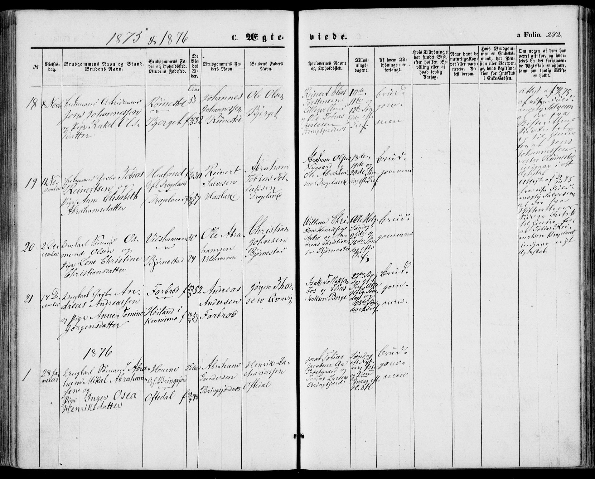 Lyngdal sokneprestkontor, SAK/1111-0029/F/Fa/Fac/L0010: Parish register (official) no. A 10, 1865-1878, p. 282