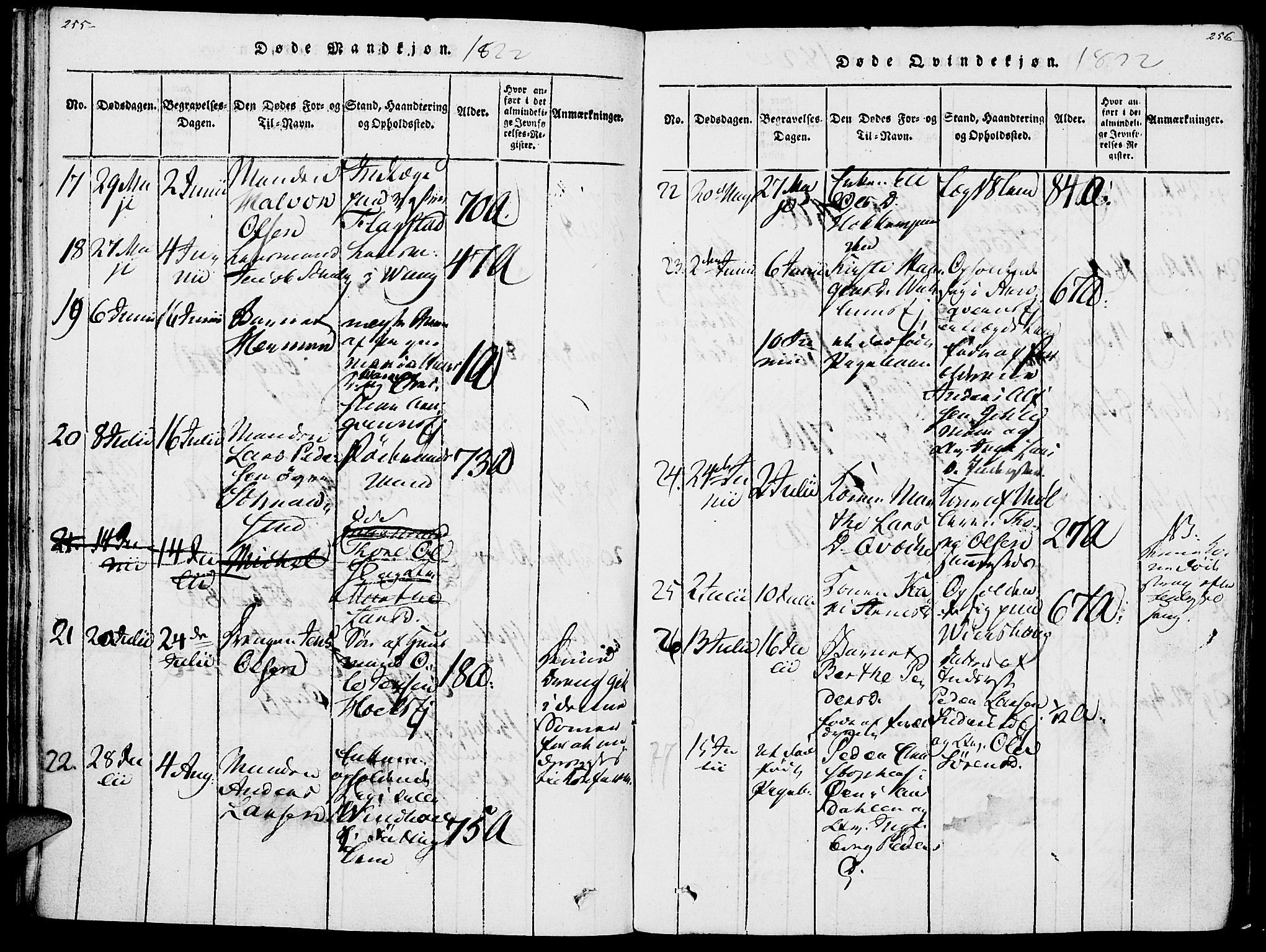 Vang prestekontor, Hedmark, AV/SAH-PREST-008/H/Ha/Haa/L0007: Parish register (official) no. 7, 1813-1826, p. 255-256