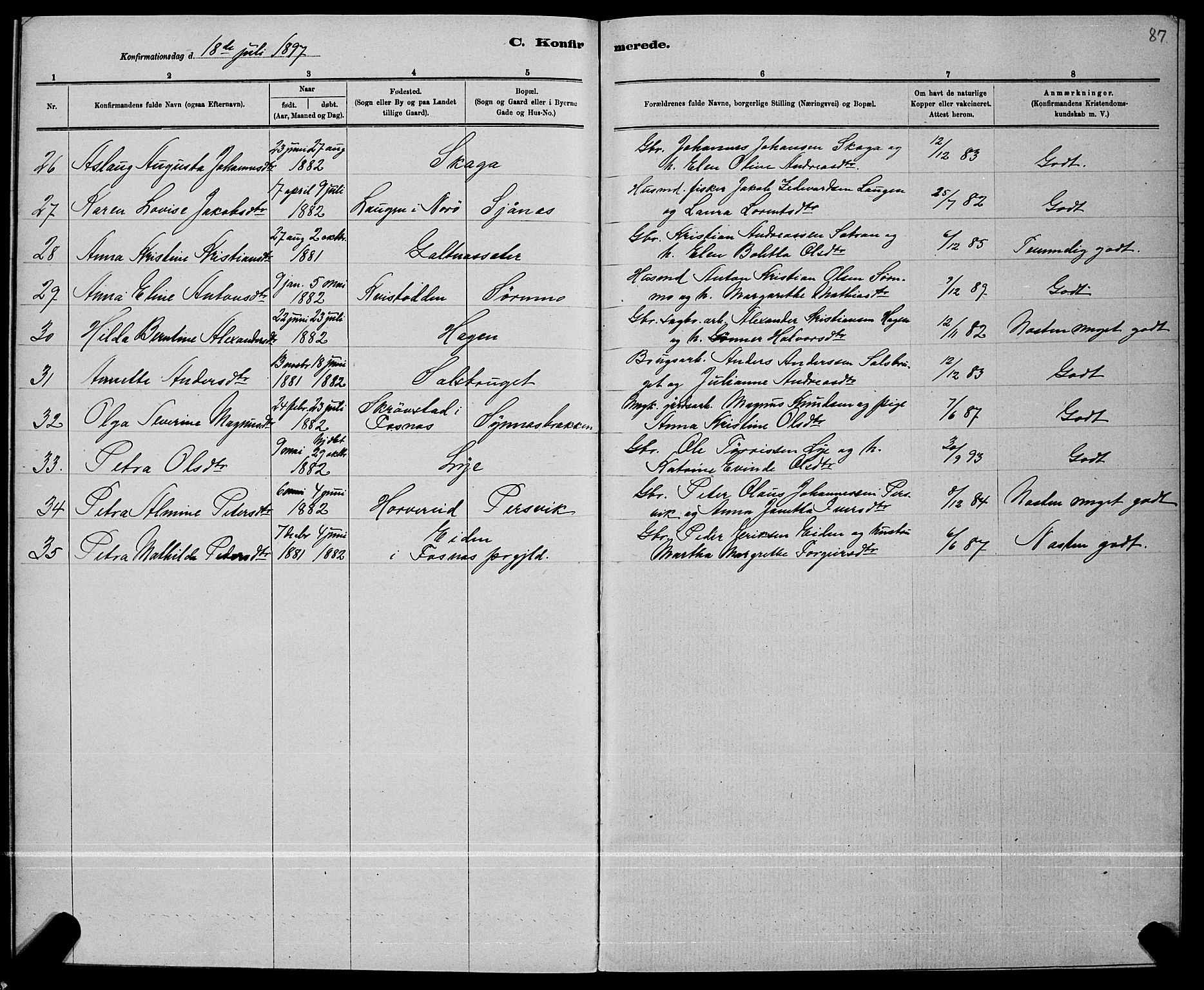 Ministerialprotokoller, klokkerbøker og fødselsregistre - Nord-Trøndelag, AV/SAT-A-1458/780/L0651: Parish register (copy) no. 780C03, 1884-1898, p. 87