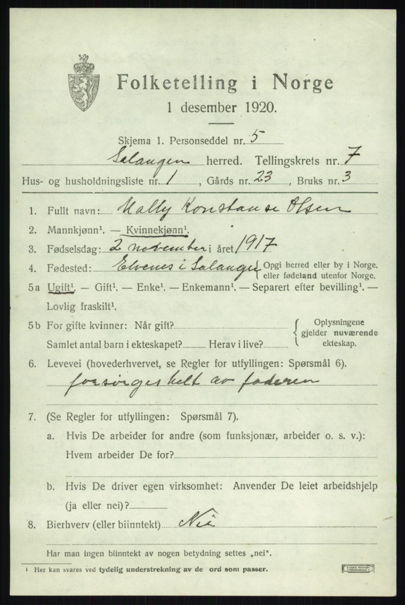 SATØ, 1920 census for Salangen, 1920, p. 4604