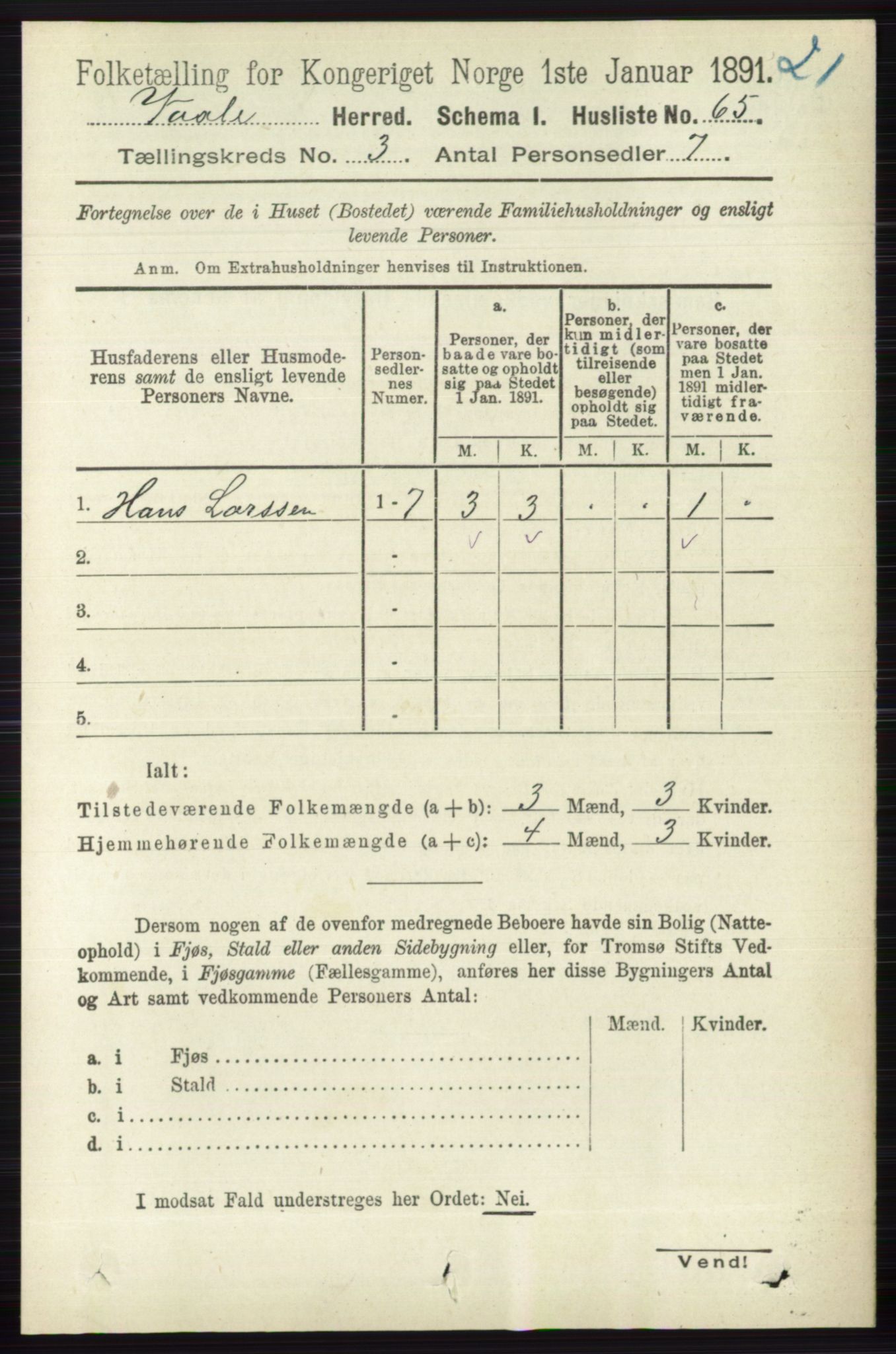 RA, 1891 census for 0716 Våle, 1891, p. 547