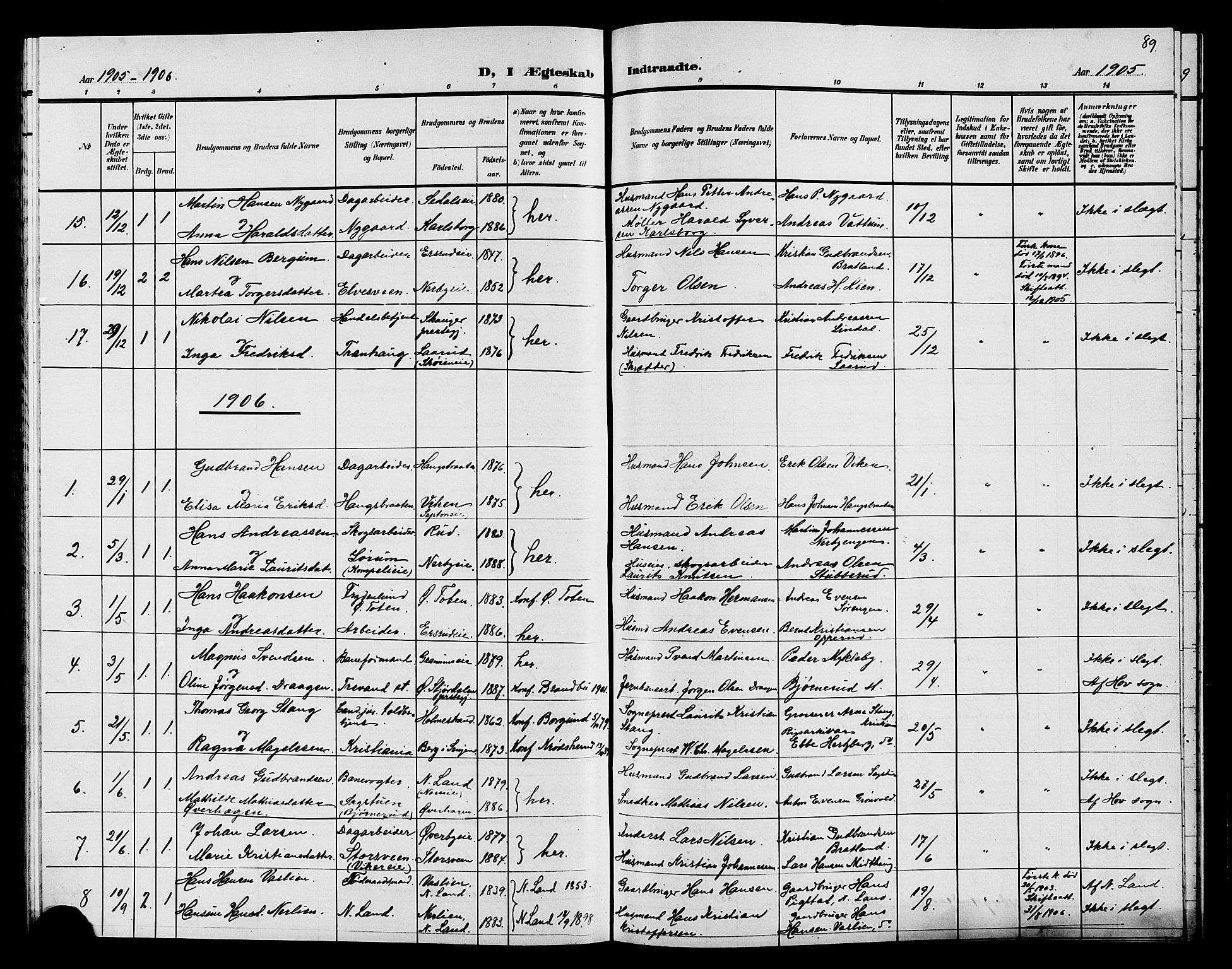 Søndre Land prestekontor, AV/SAH-PREST-122/L/L0005: Parish register (copy) no. 5, 1902-1911, p. 89