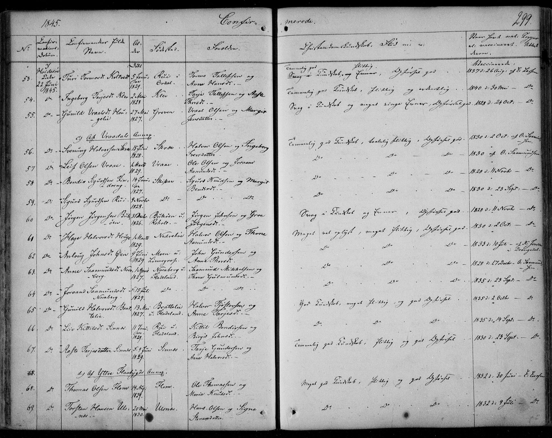 Kviteseid kirkebøker, SAKO/A-276/F/Fa/L0006: Parish register (official) no. I 6, 1836-1858, p. 299