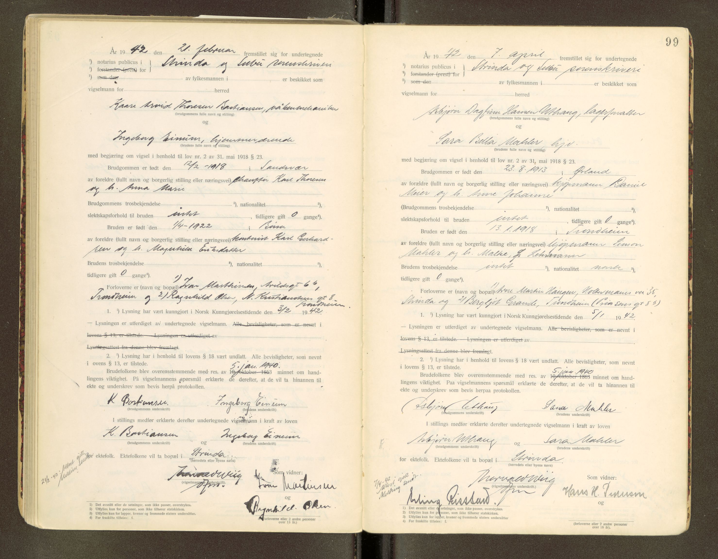 Strinda og Selbu sorenskriveri, AV/SAT-A-0015/6/6D/L0003: Vigselsbok, 1920-1942, p. 99