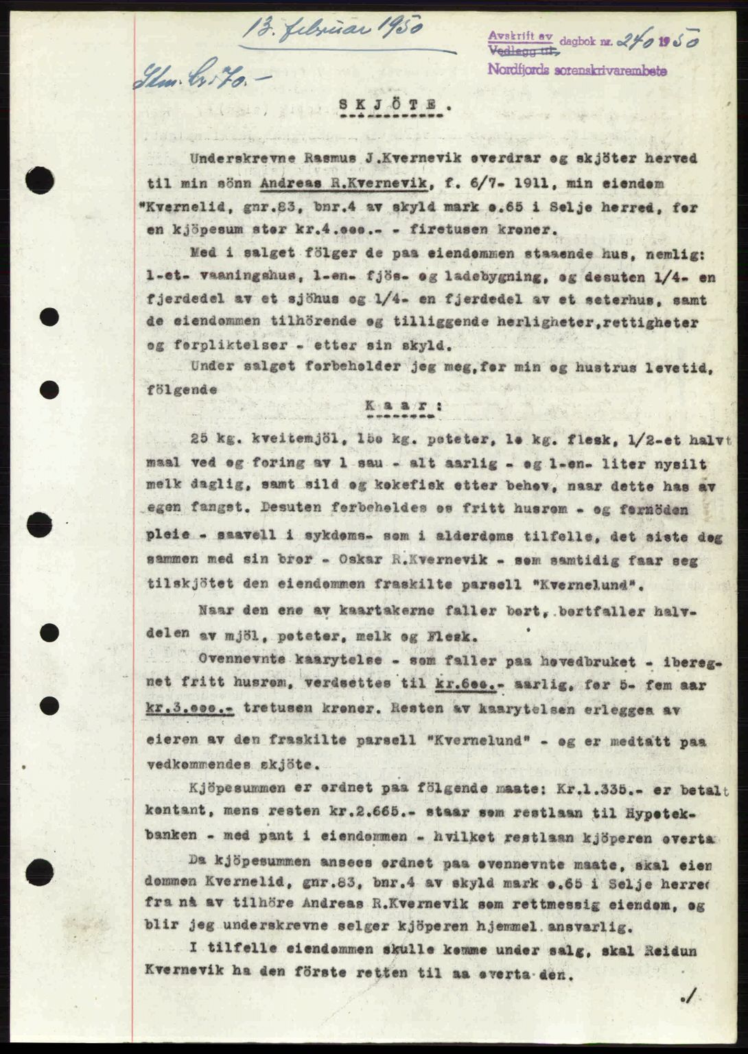 Nordfjord sorenskriveri, SAB/A-2801/02/02b/02bj/L0016a: Mortgage book no. A16 I, 1949-1950, Diary no: : 240/1950