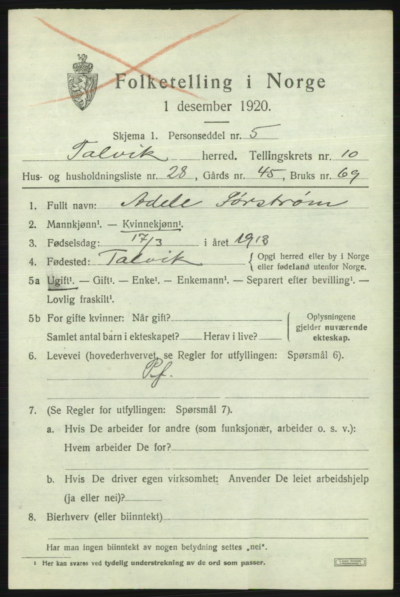 SATØ, 1920 census for Talvik, 1920, p. 6198