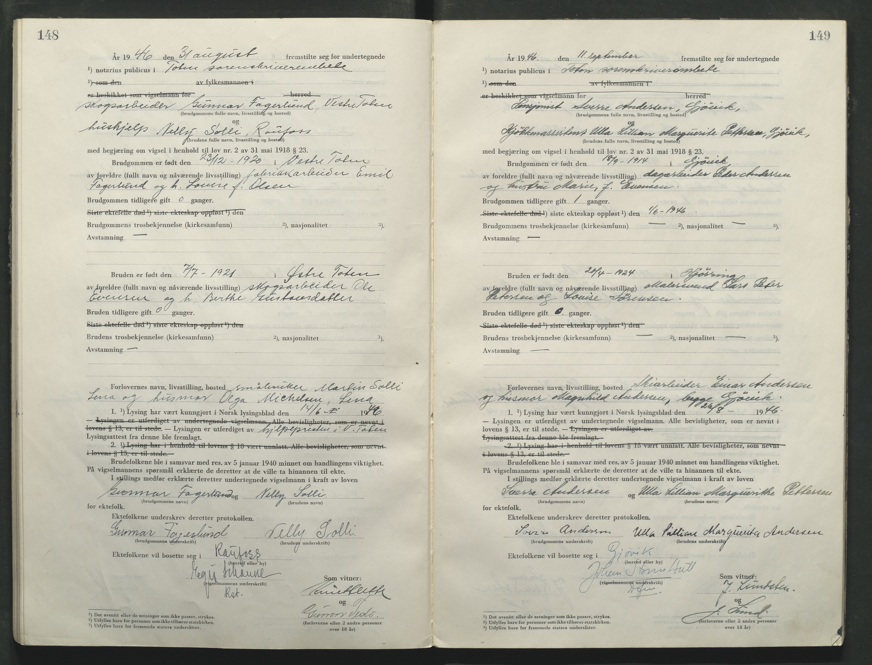 Toten tingrett, AV/SAH-TING-006/L/Lc/L0005: Vigselbok, 1944-1948, p. 148-149