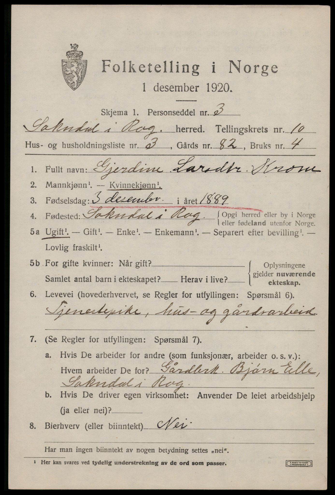 SAST, 1920 census for Sokndal, 1920, p. 5733