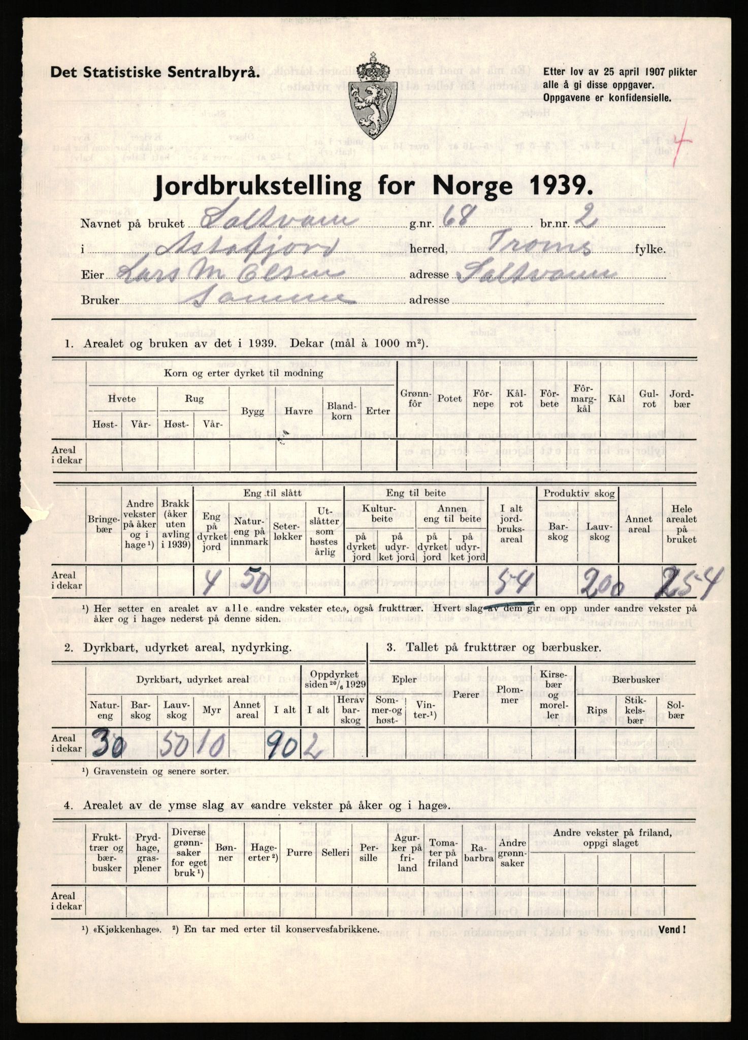 Statistisk sentralbyrå, Næringsøkonomiske emner, Jordbruk, skogbruk, jakt, fiske og fangst, AV/RA-S-2234/G/Gb/L0339: Troms: Andørja, Astafjord og Lavangen, 1939, p. 363