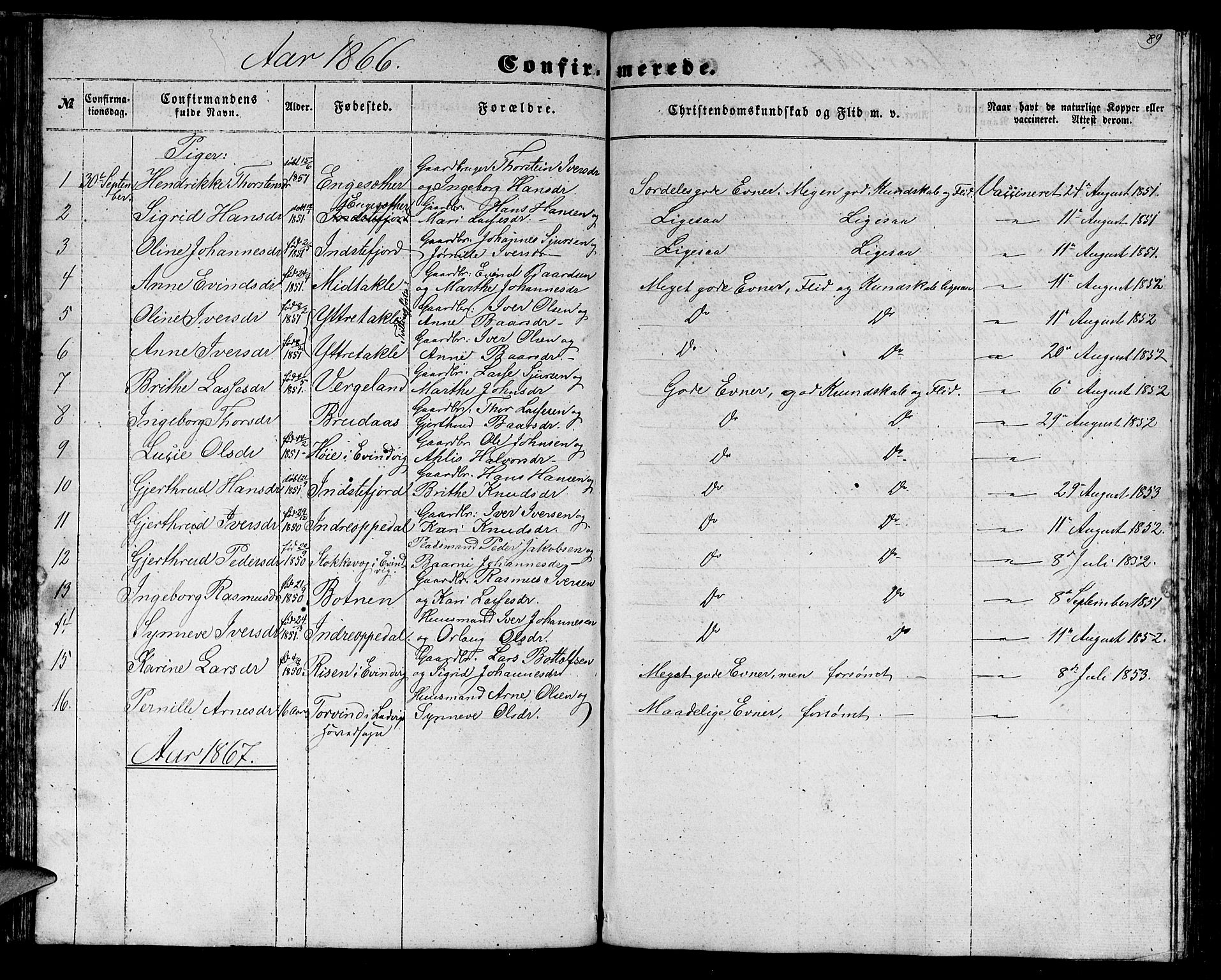 Gulen sokneprestembete, AV/SAB-A-80201/H/Hab/Habc/L0001: Parish register (copy) no. C 1, 1853-1880, p. 89