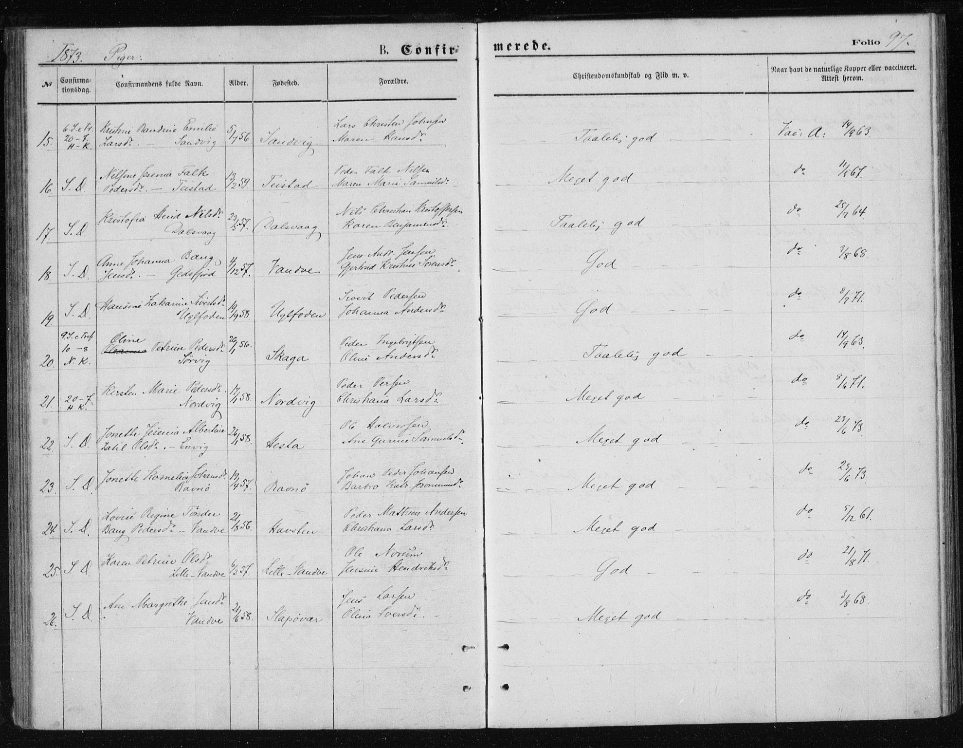 Ministerialprotokoller, klokkerbøker og fødselsregistre - Nordland, AV/SAT-A-1459/834/L0506: Parish register (official) no. 834A04, 1872-1878, p. 97