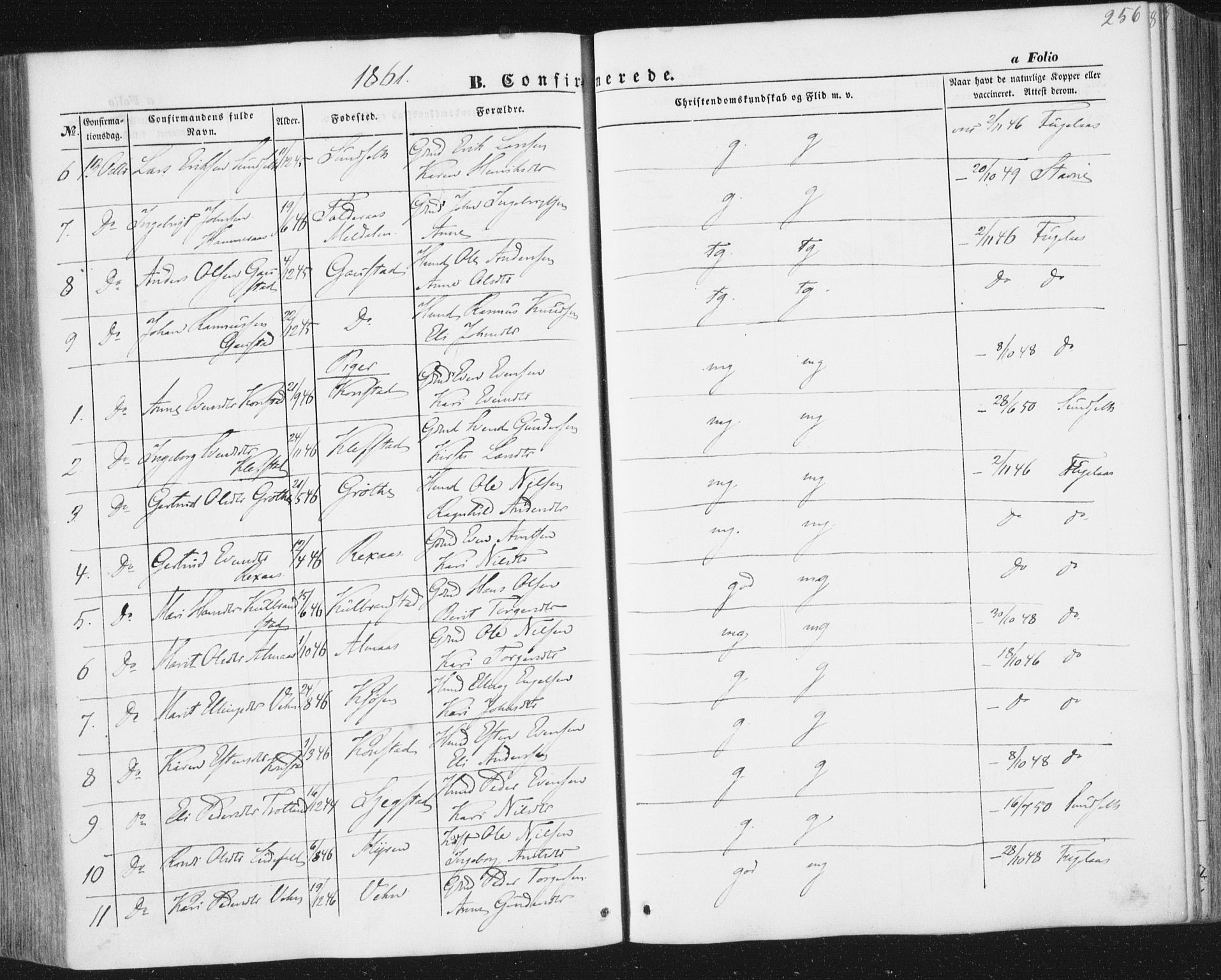 Ministerialprotokoller, klokkerbøker og fødselsregistre - Sør-Trøndelag, AV/SAT-A-1456/691/L1076: Parish register (official) no. 691A08, 1852-1861, p. 256