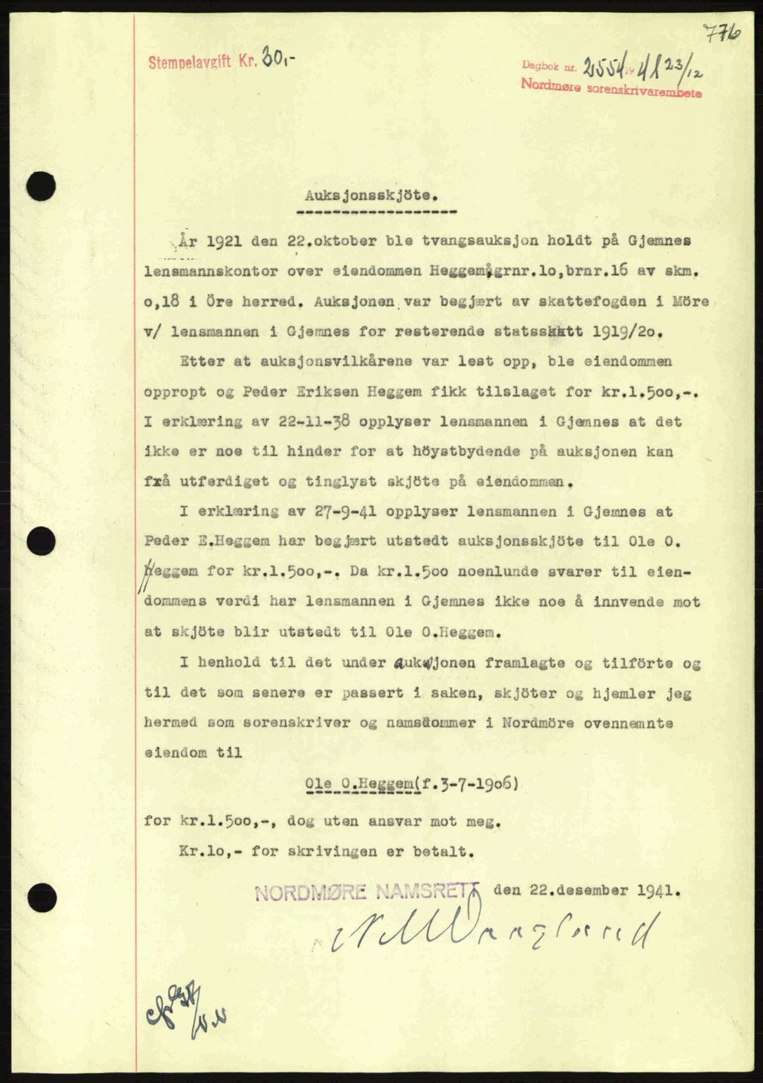 Nordmøre sorenskriveri, AV/SAT-A-4132/1/2/2Ca: Mortgage book no. A91, 1941-1942, Diary no: : 2554/1941