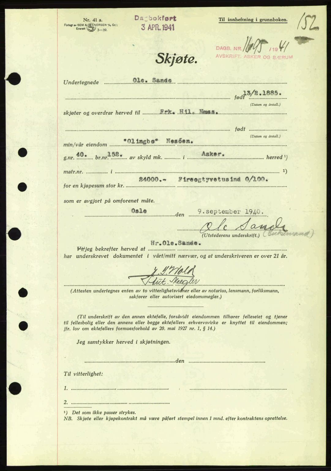 Aker herredsskriveri, AV/SAO-A-10896/G/Gb/Gbb/Gbbb/L0019: Mortgage book no. A65, 1941-1941, Diary no: : 1695/1941