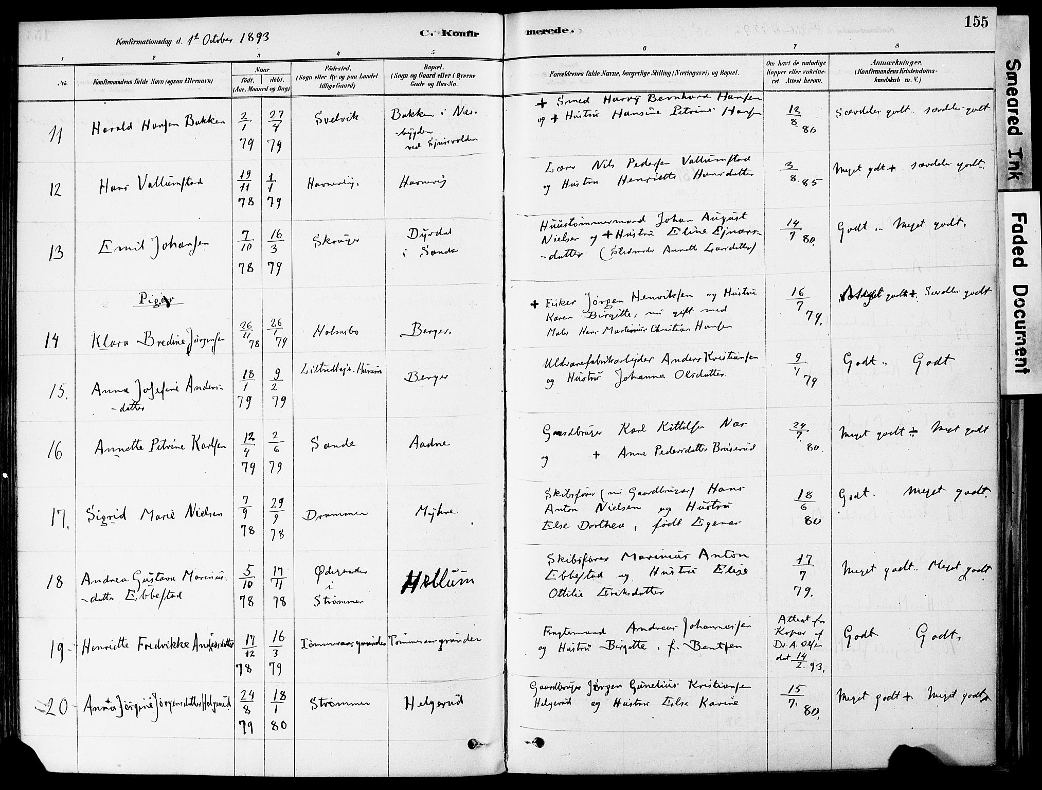 Strømm kirkebøker, AV/SAKO-A-322/F/Fa/L0004: Parish register (official) no. I 4, 1878-1899, p. 155