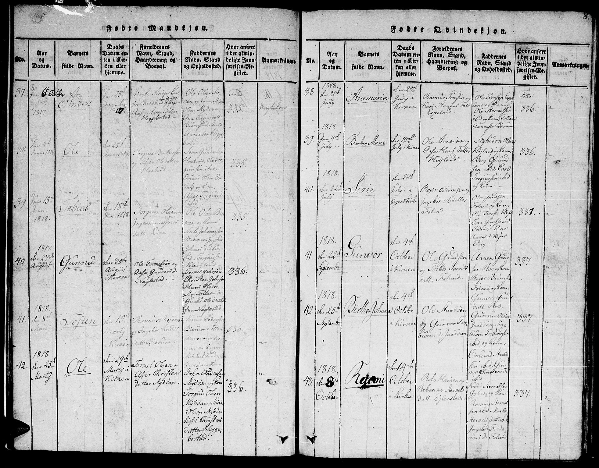 Hægebostad sokneprestkontor, AV/SAK-1111-0024/F/Fb/Fba/L0001: Parish register (copy) no. B 1, 1815-1844, p. 8