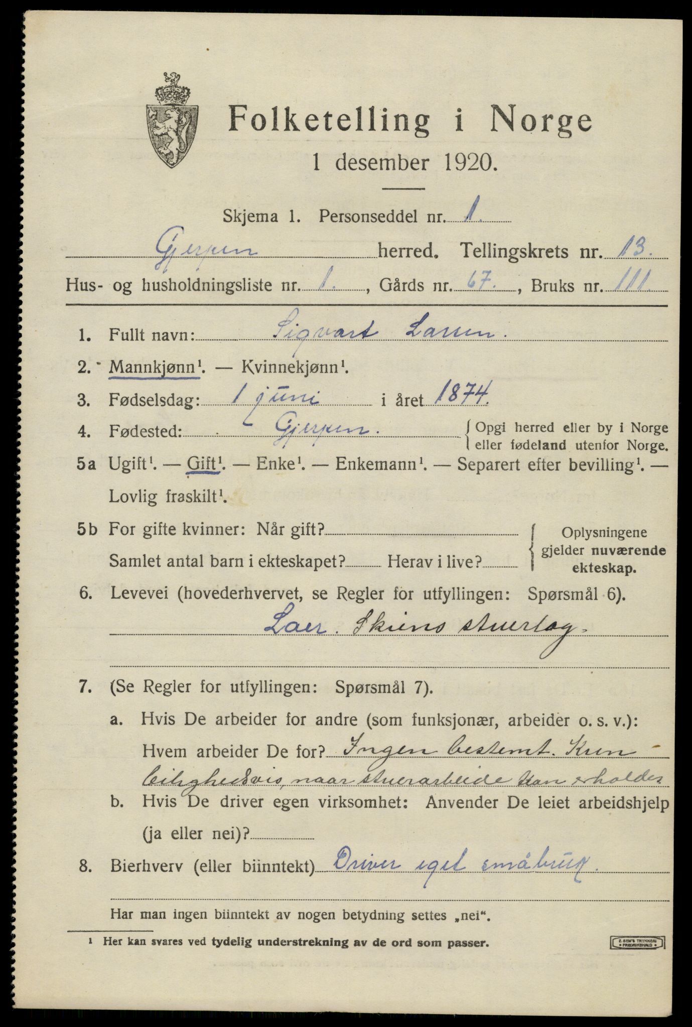 SAKO, 1920 census for Gjerpen, 1920, p. 14032