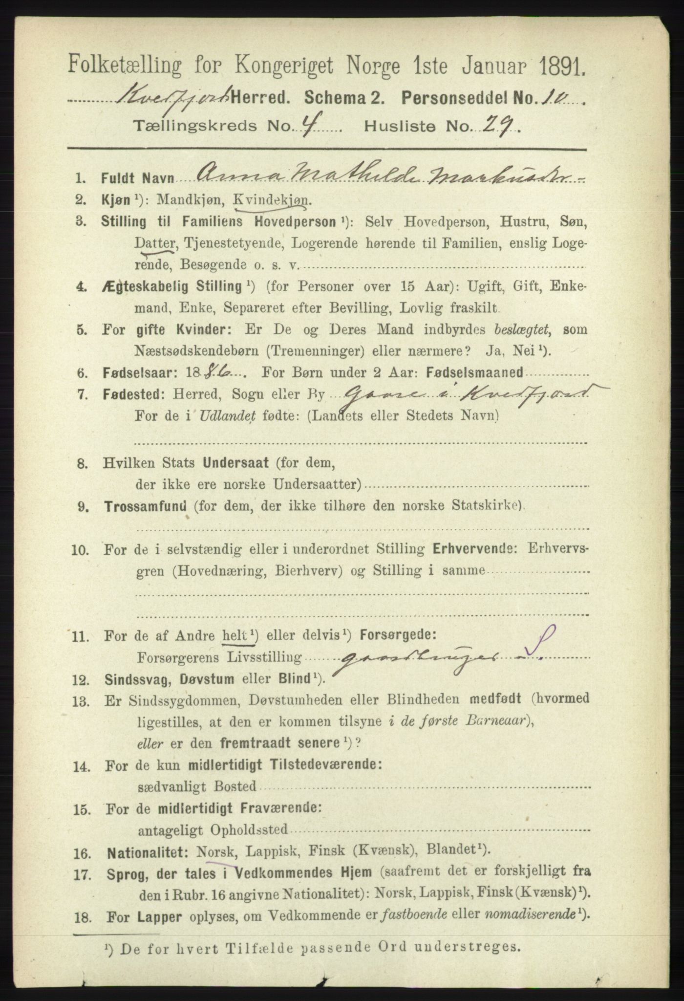 RA, 1891 census for 1911 Kvæfjord, 1891, p. 2083