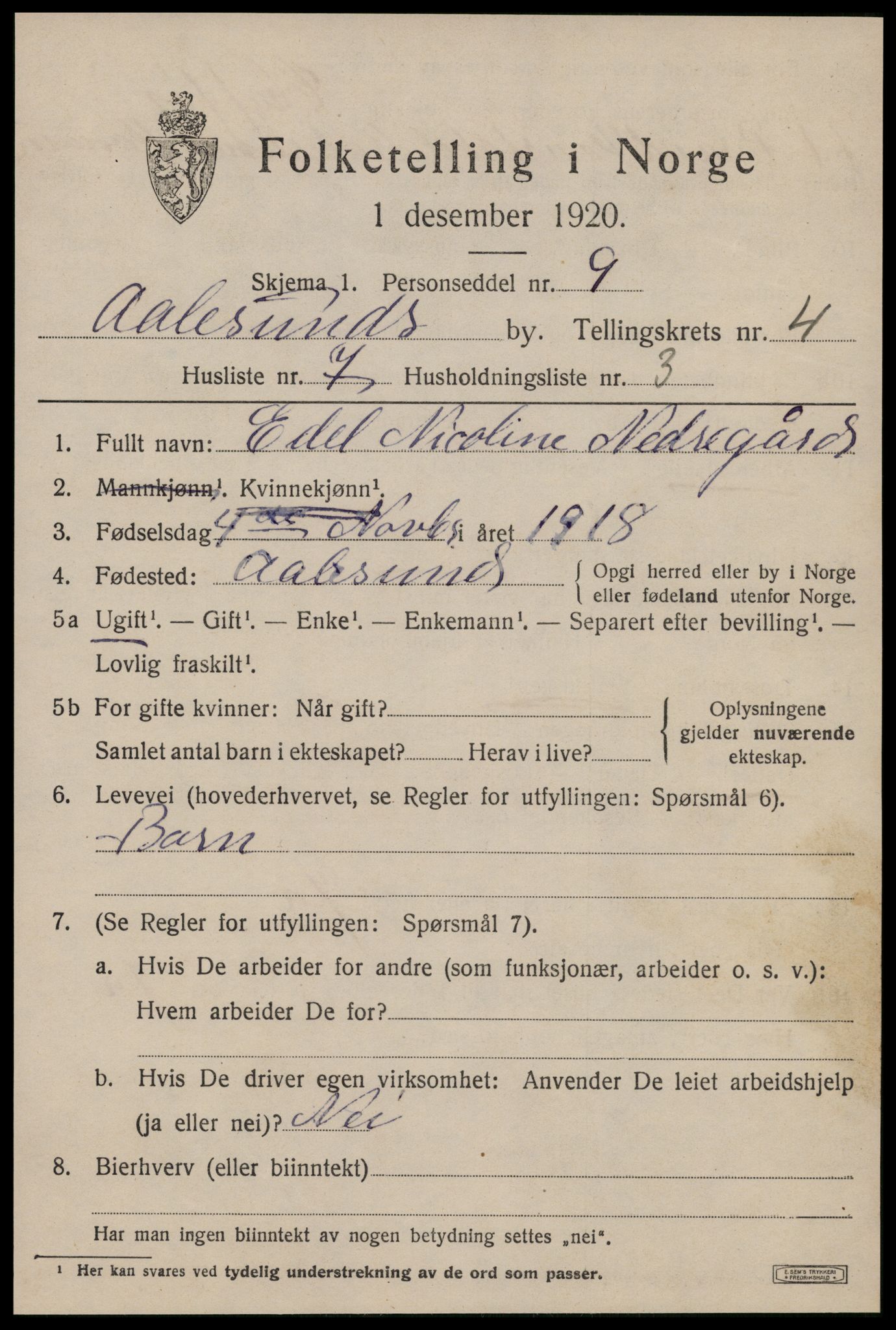 SAT, 1920 census for Ålesund, 1920, p. 14548