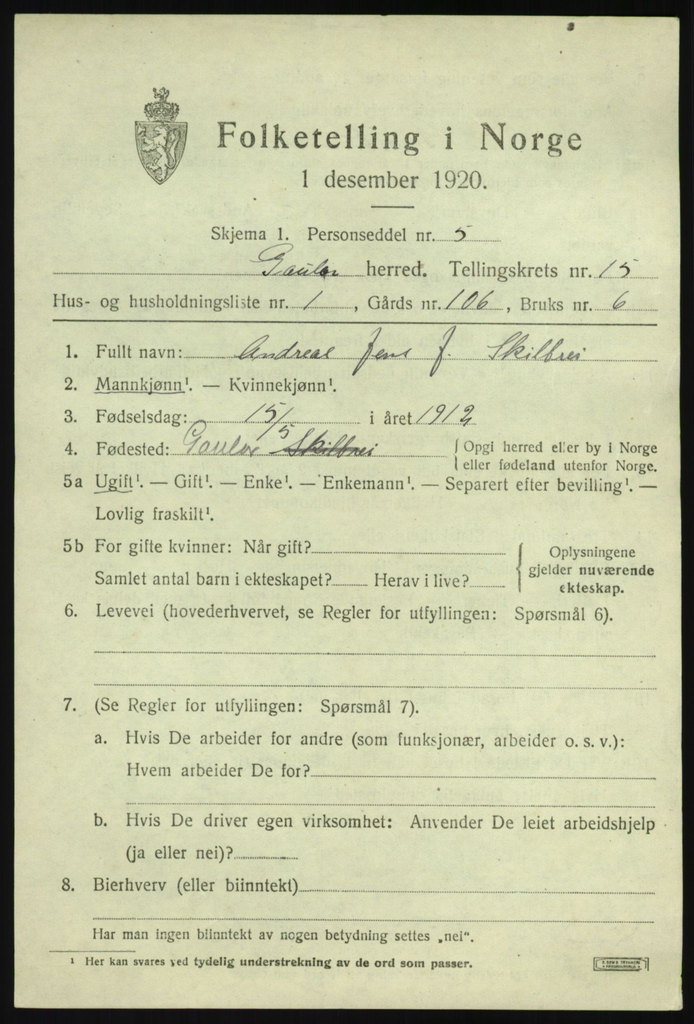 SAB, 1920 census for Gaular, 1920, p. 6682