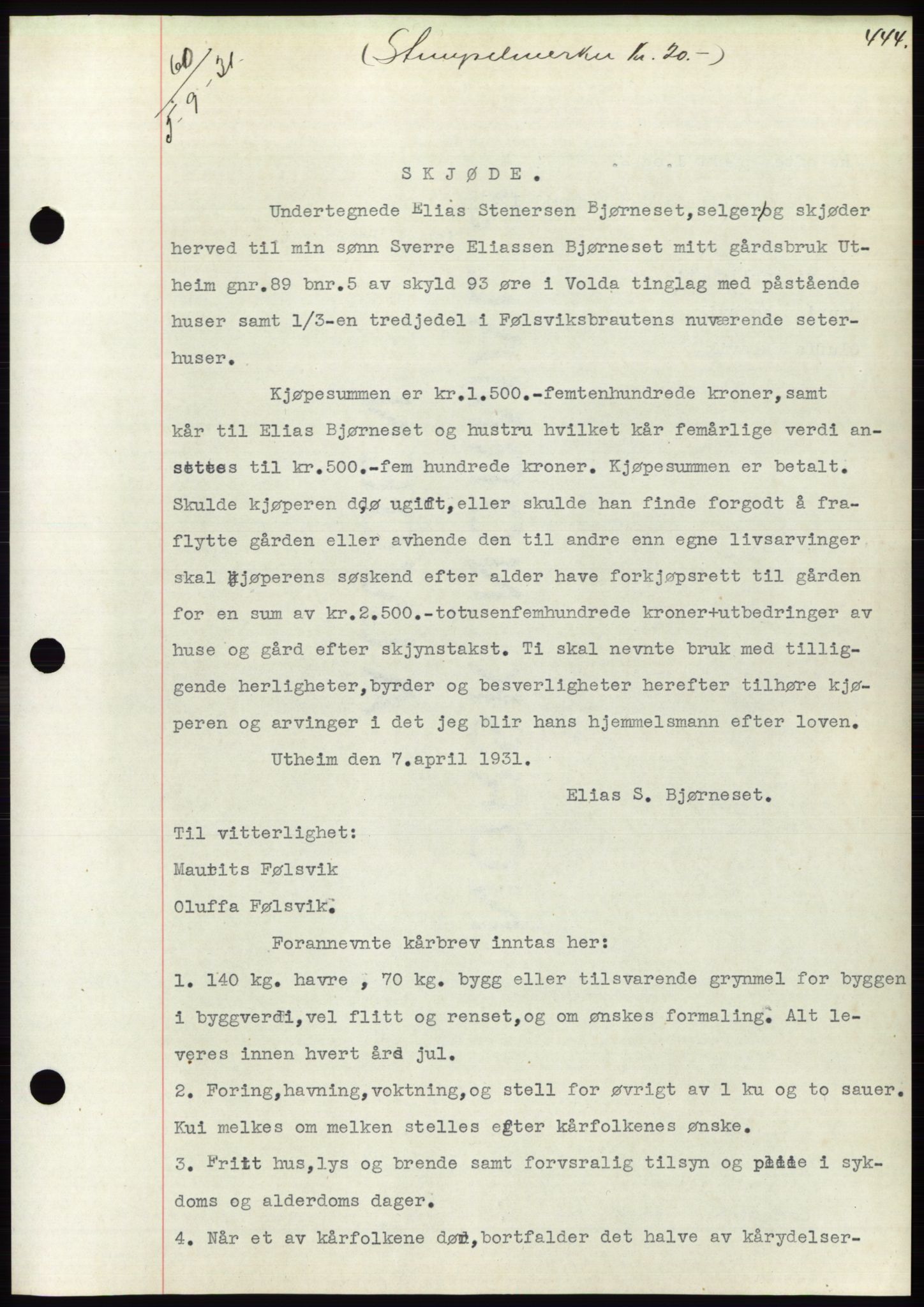 Søre Sunnmøre sorenskriveri, AV/SAT-A-4122/1/2/2C/L0052: Mortgage book no. 46, 1931-1931, Deed date: 05.09.1931