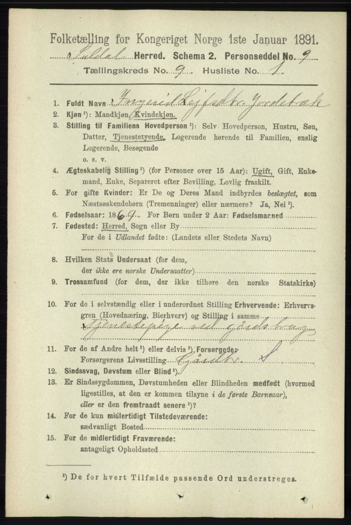 RA, 1891 census for 1134 Suldal, 1891, p. 2664