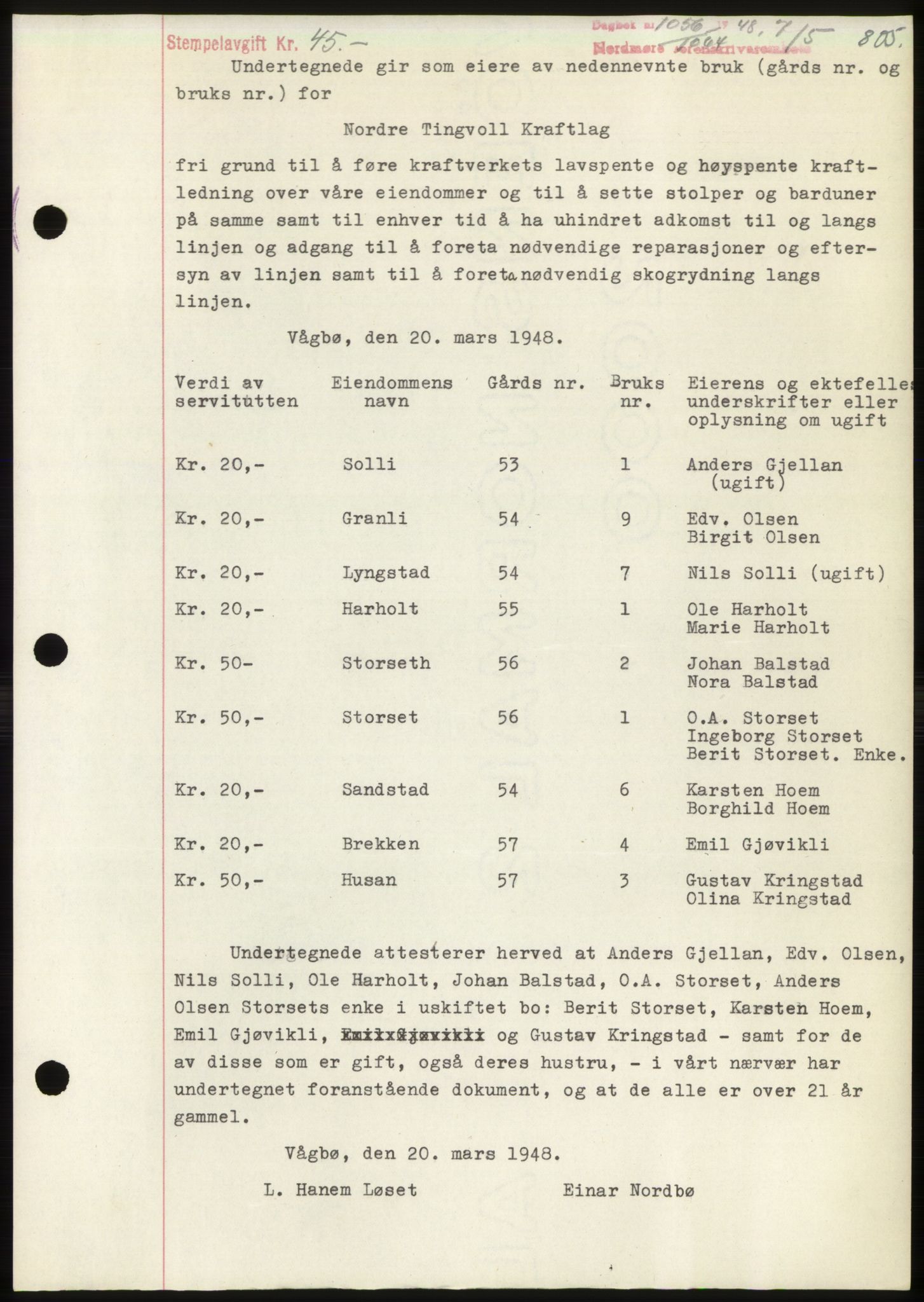 Nordmøre sorenskriveri, AV/SAT-A-4132/1/2/2Ca: Mortgage book no. B98, 1948-1948, Diary no: : 1056/1948