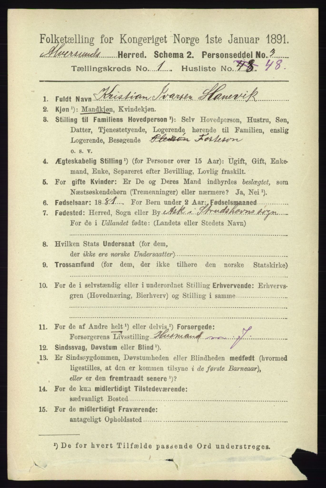 RA, 1891 census for 1257 Alversund, 1891, p. 378