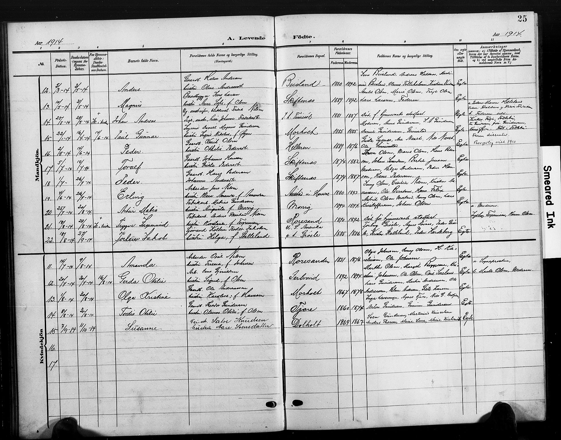 Hommedal sokneprestkontor, AV/SAK-1111-0023/F/Fb/Fbb/L0008: Parish register (copy) no. B 8, 1905-1929, p. 25