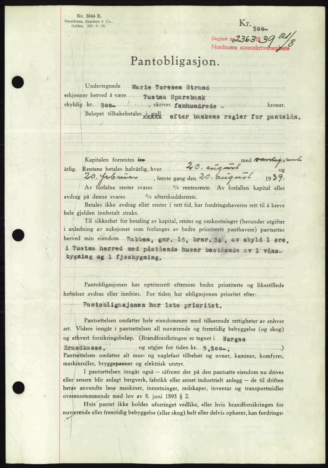 Nordmøre sorenskriveri, AV/SAT-A-4132/1/2/2Ca: Mortgage book no. B85, 1939-1939, Diary no: : 2363/1939