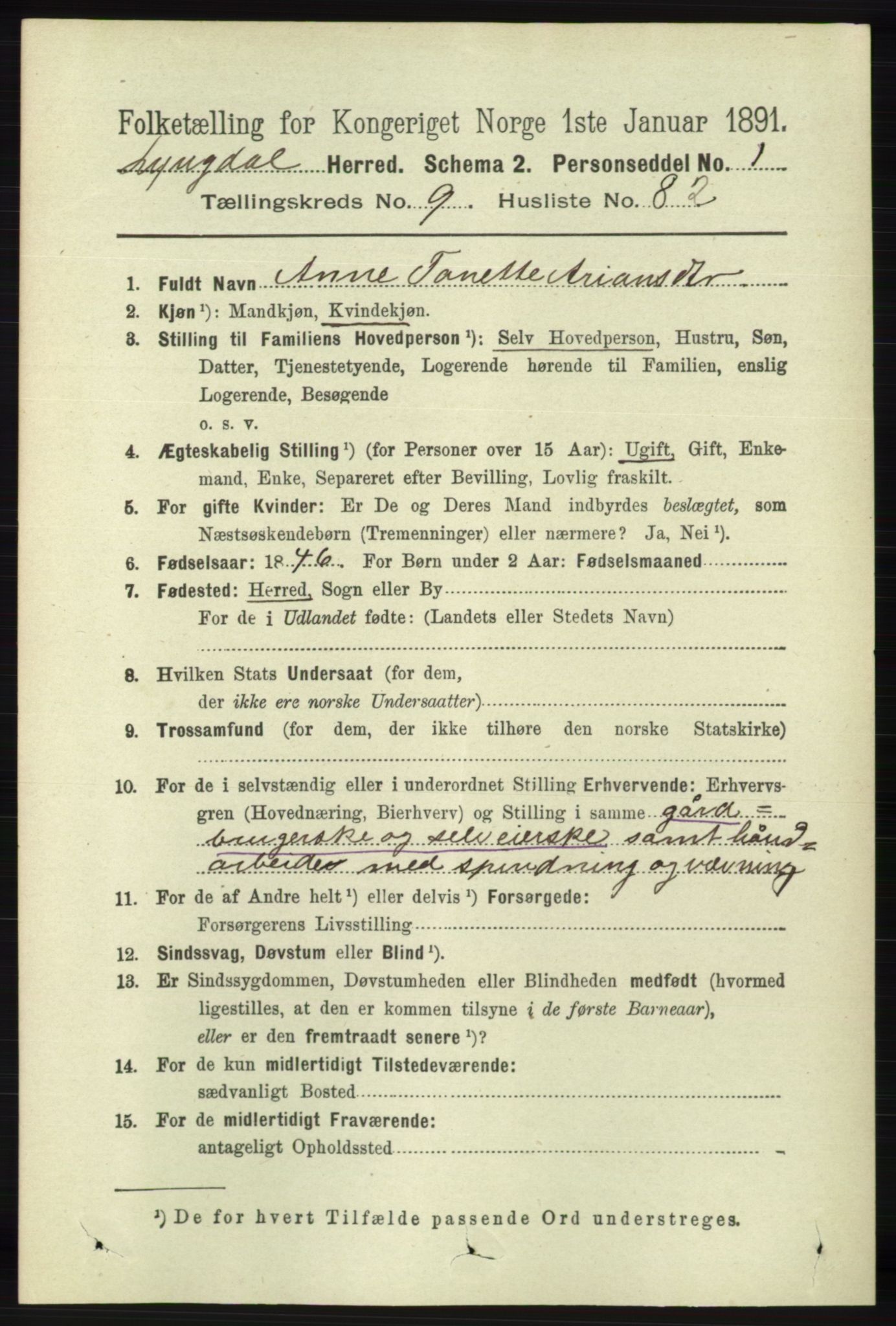 RA, 1891 census for 1032 Lyngdal, 1891, p. 4149