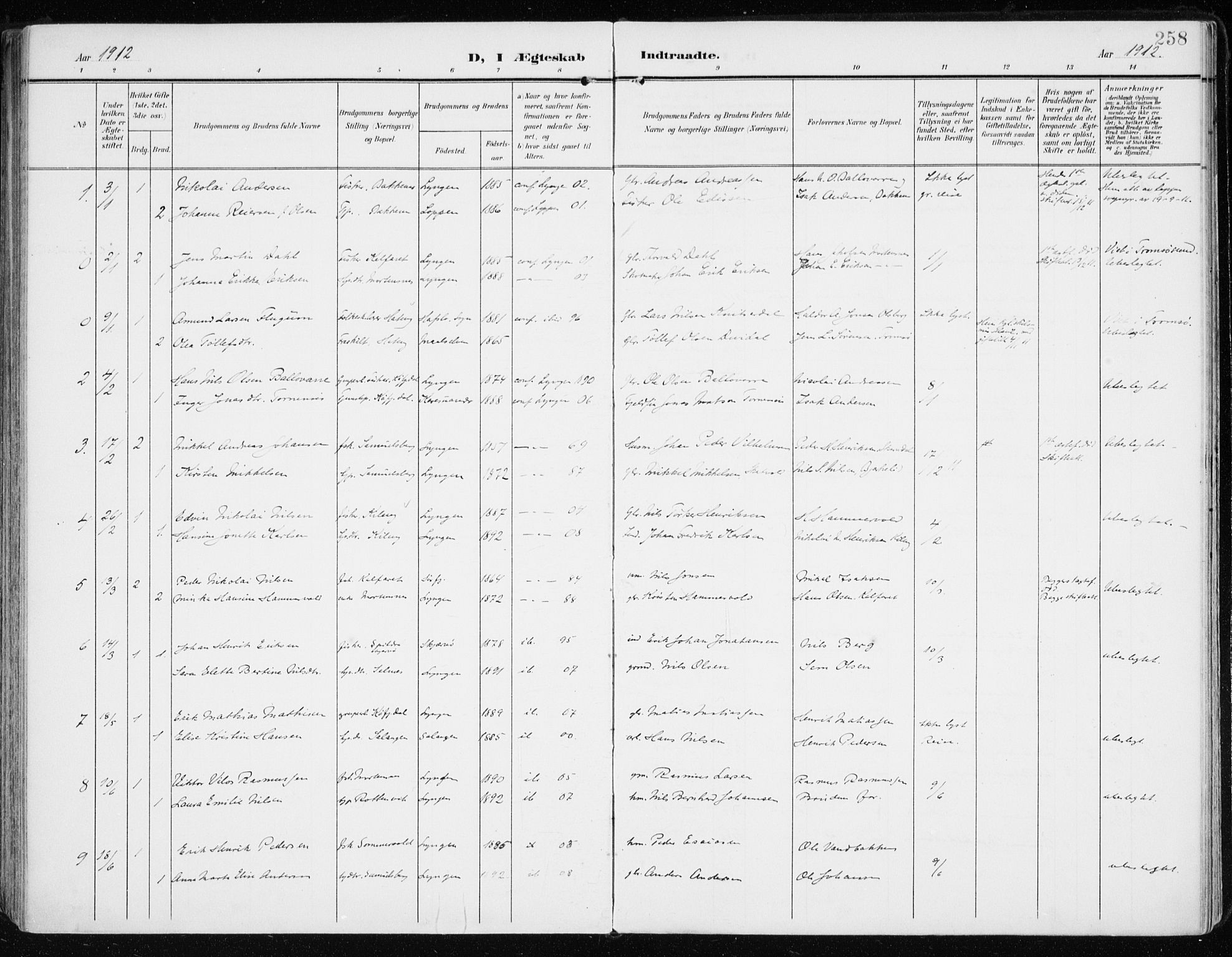 Lyngen sokneprestembete, AV/SATØ-S-1289/H/He/Hea/L0011kirke: Parish register (official) no. 11, 1903-1913, p. 258