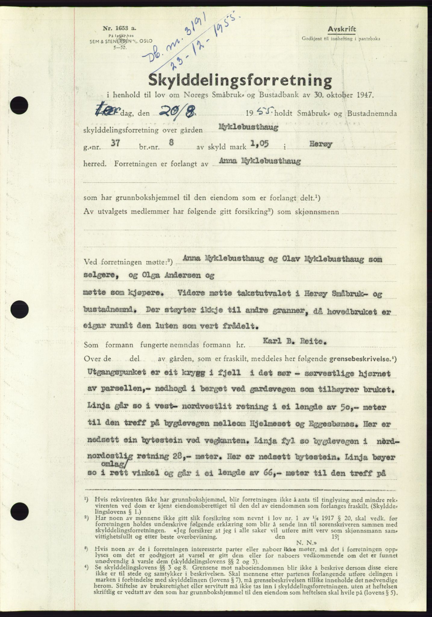 Søre Sunnmøre sorenskriveri, AV/SAT-A-4122/1/2/2C/L0102: Mortgage book no. 28A, 1955-1956, Diary no: : 3191/1955