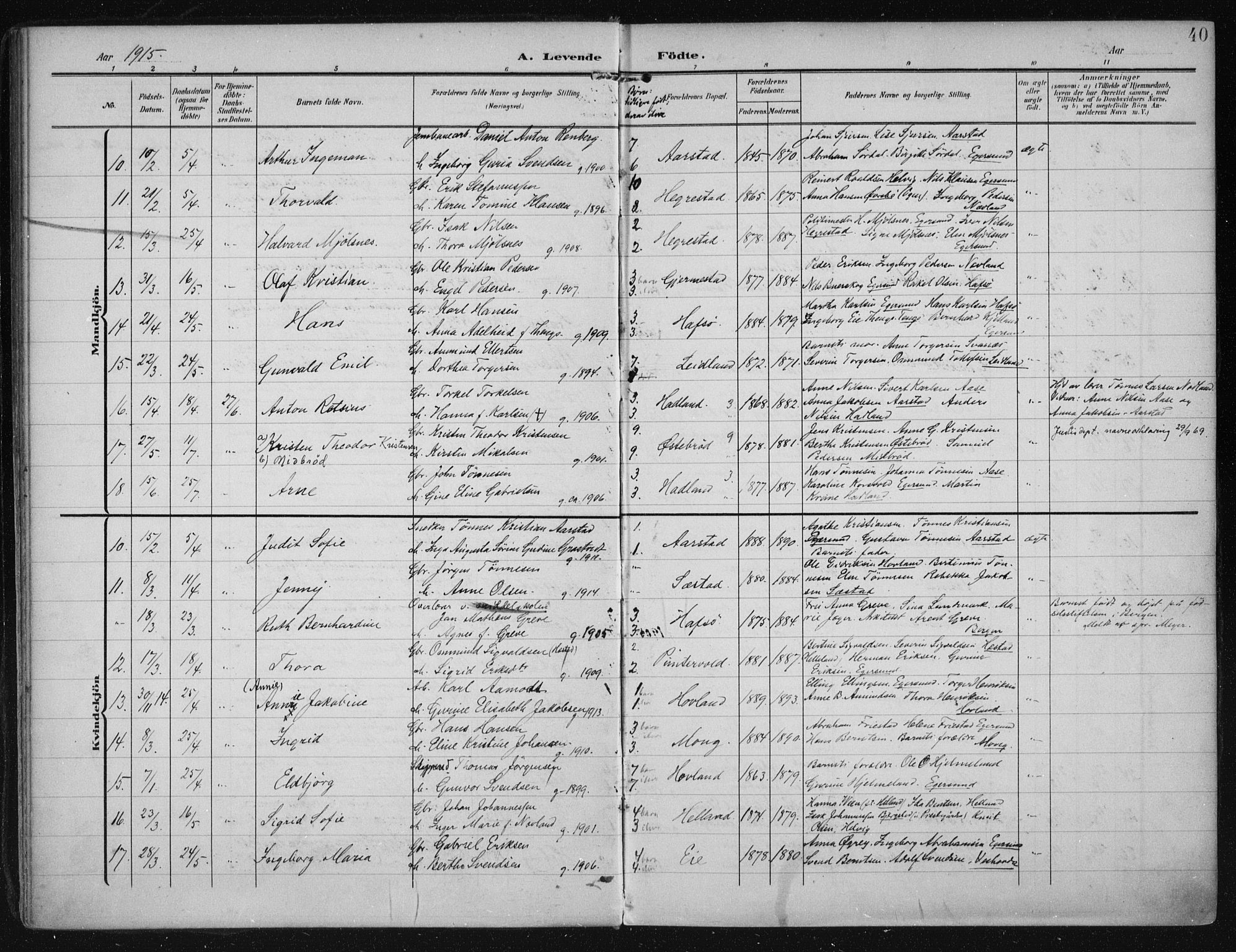 Eigersund sokneprestkontor, AV/SAST-A-101807/S08/L0021: Parish register (official) no. A 20, 1906-1928, p. 40