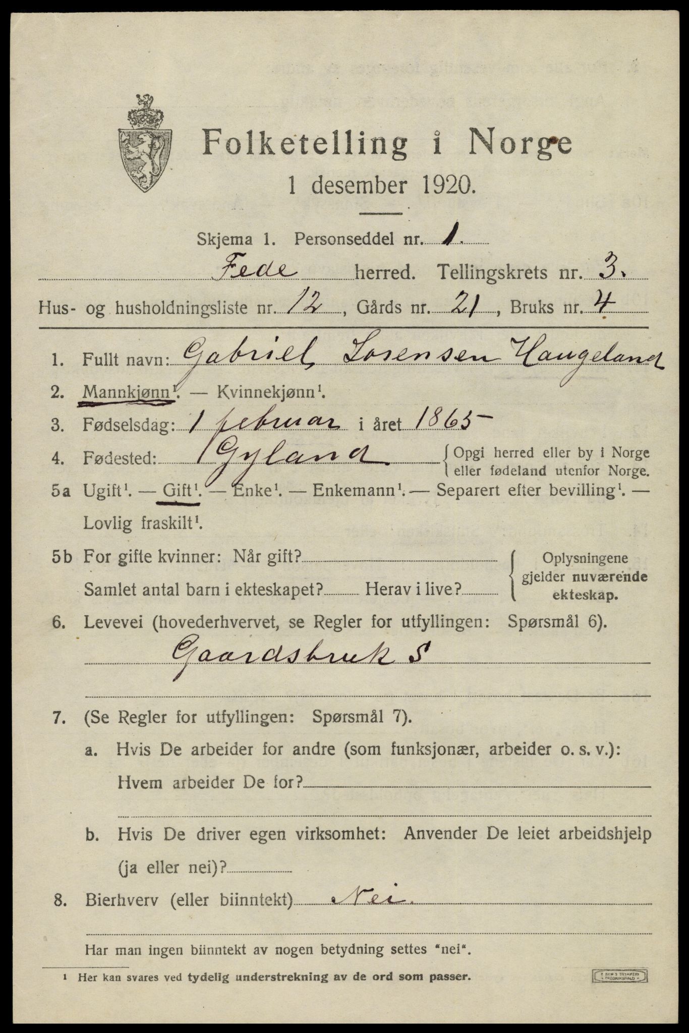 SAK, 1920 census for Feda, 1920, p. 1825