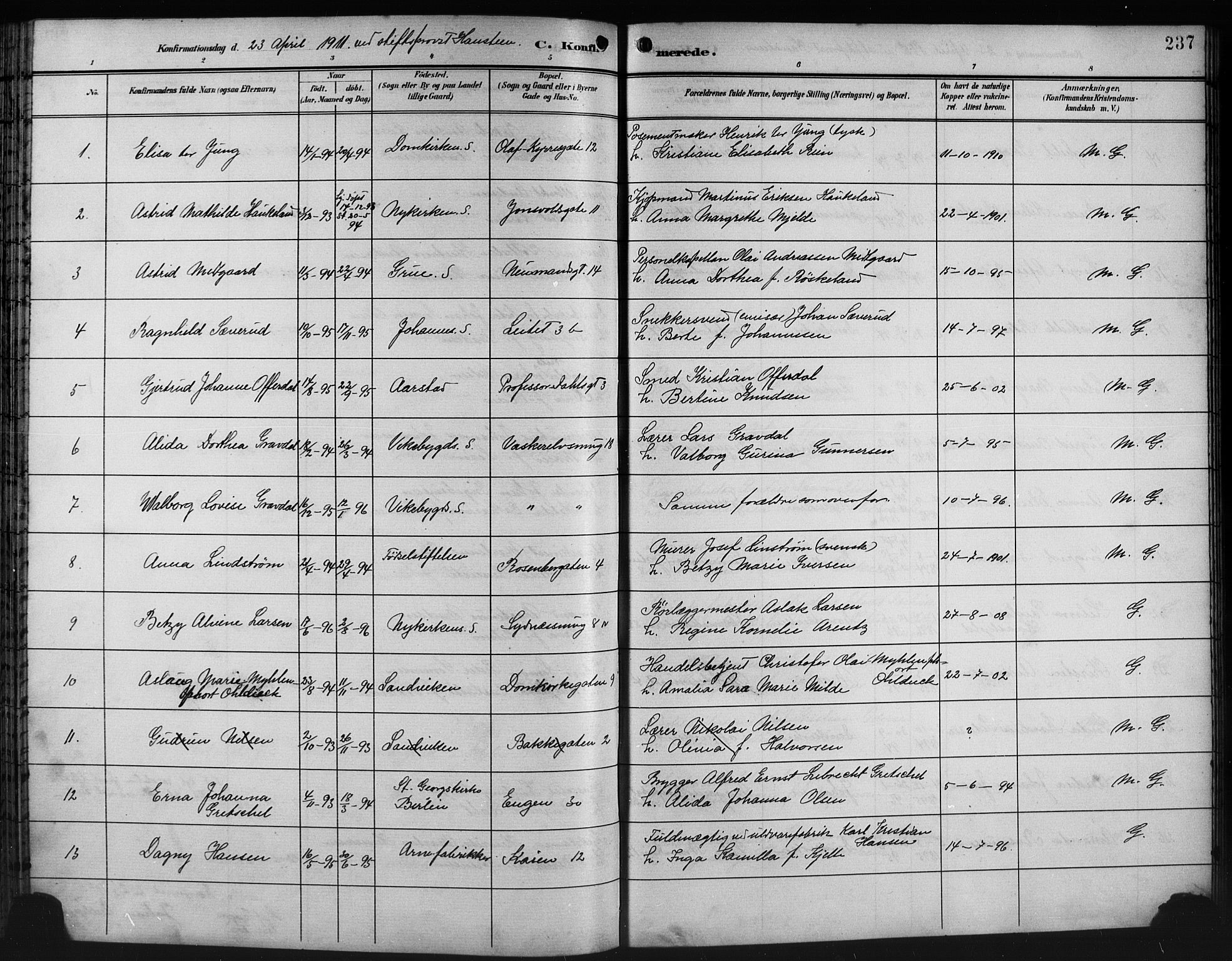 Domkirken sokneprestembete, SAB/A-74801/H/Hab/L0025: Parish register (copy) no. C 5, 1899-1916, p. 237