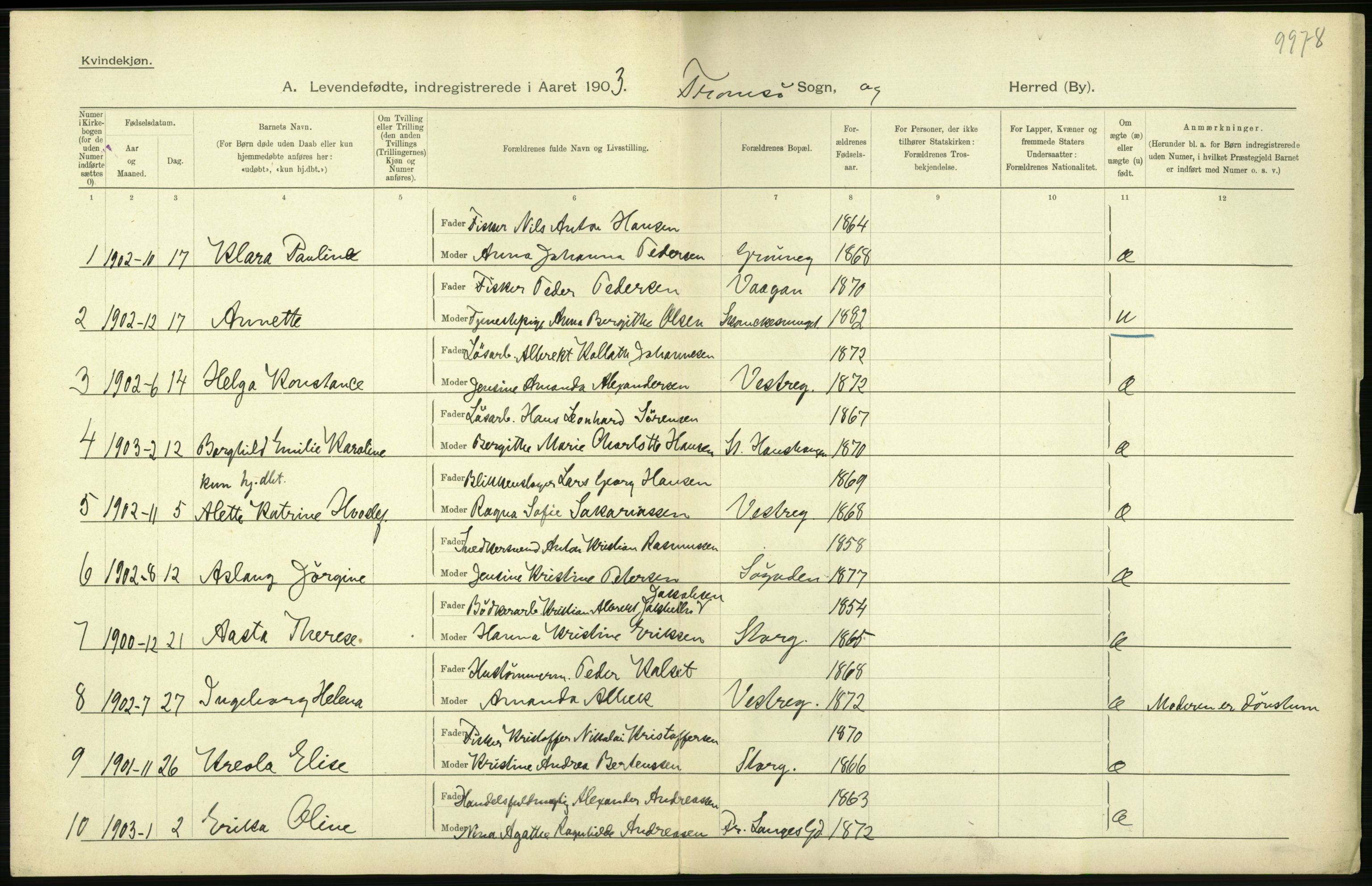 Statistisk sentralbyrå, Sosiodemografiske emner, Befolkning, AV/RA-S-2228/D/Df/Dfa/Dfaa/L0021: Tromsø amt: Fødte, gifte, døde., 1903, p. 298